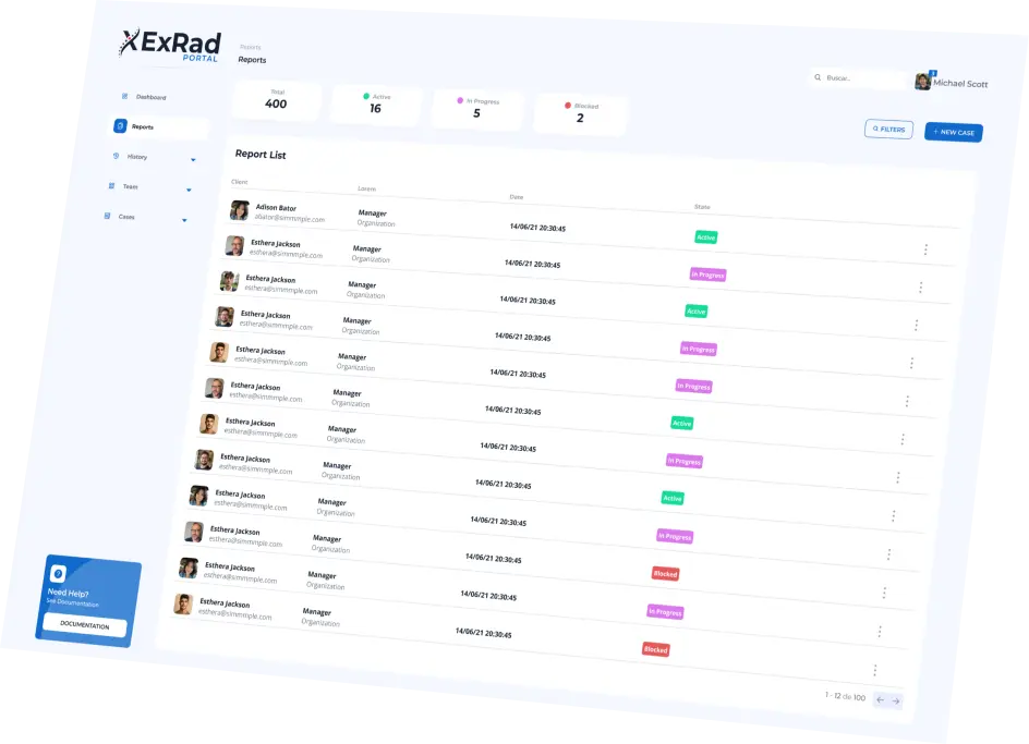 ExRad Portal interface showing report management dashboard