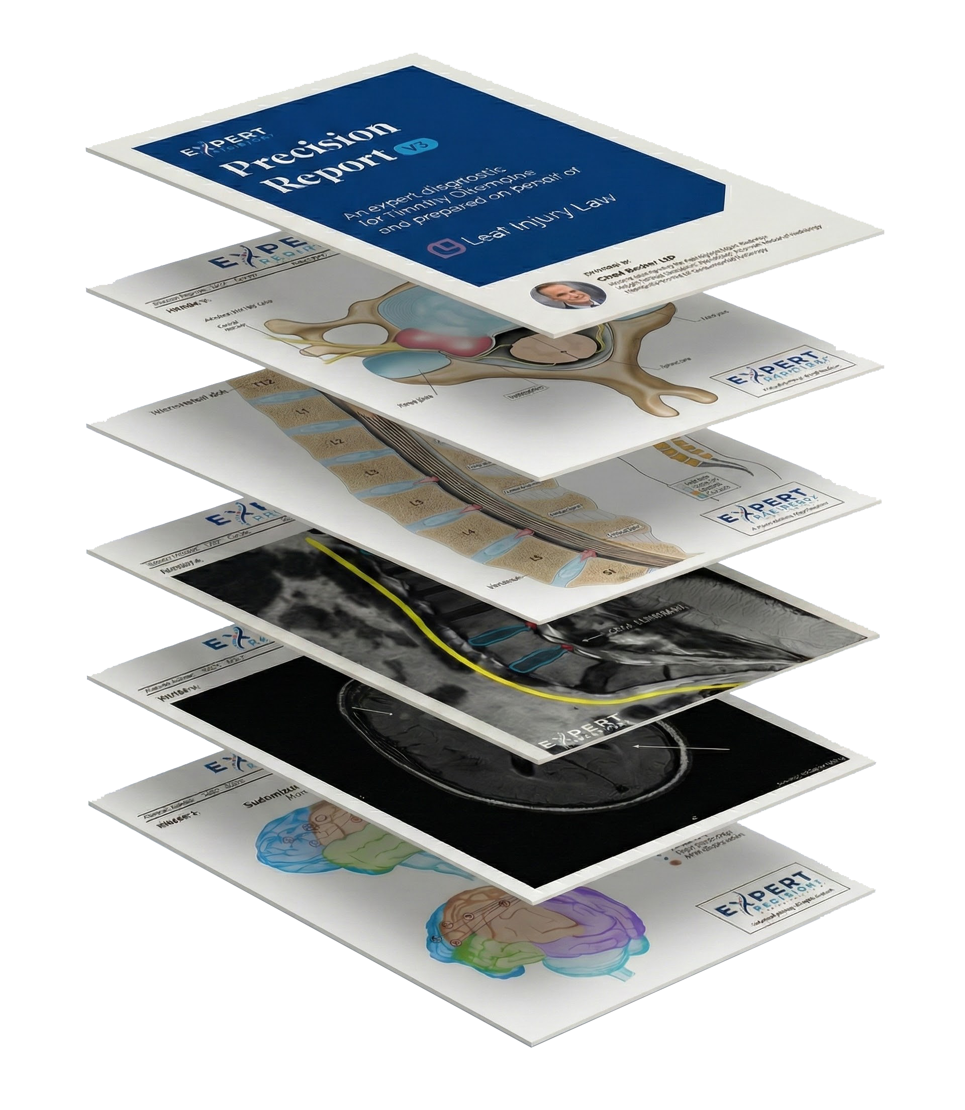 PrecisionPlus v3 stacked report pages showing various MRI visualizations and annotated medical imagery