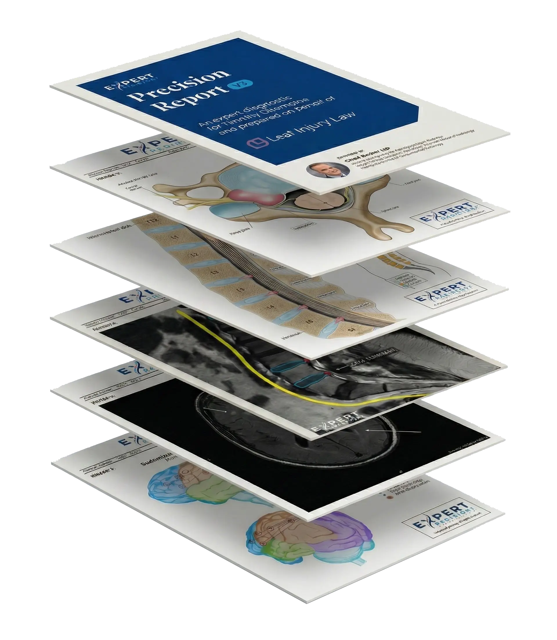 PrecisionPlus v3 stacked report pages showing various MRI visualizations and annotated medical imagery