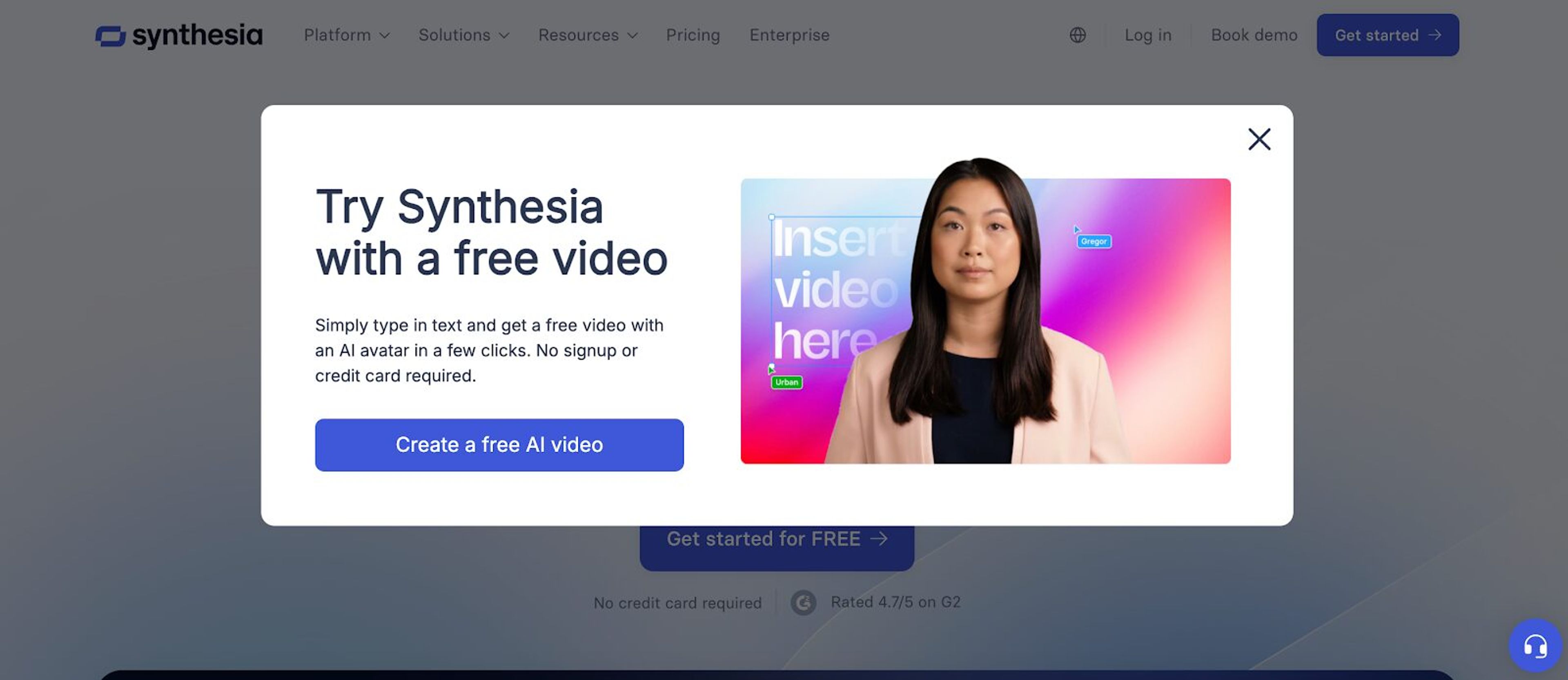 Synthesia's exit intent popup offers to create a free AI video to achieve more leads.