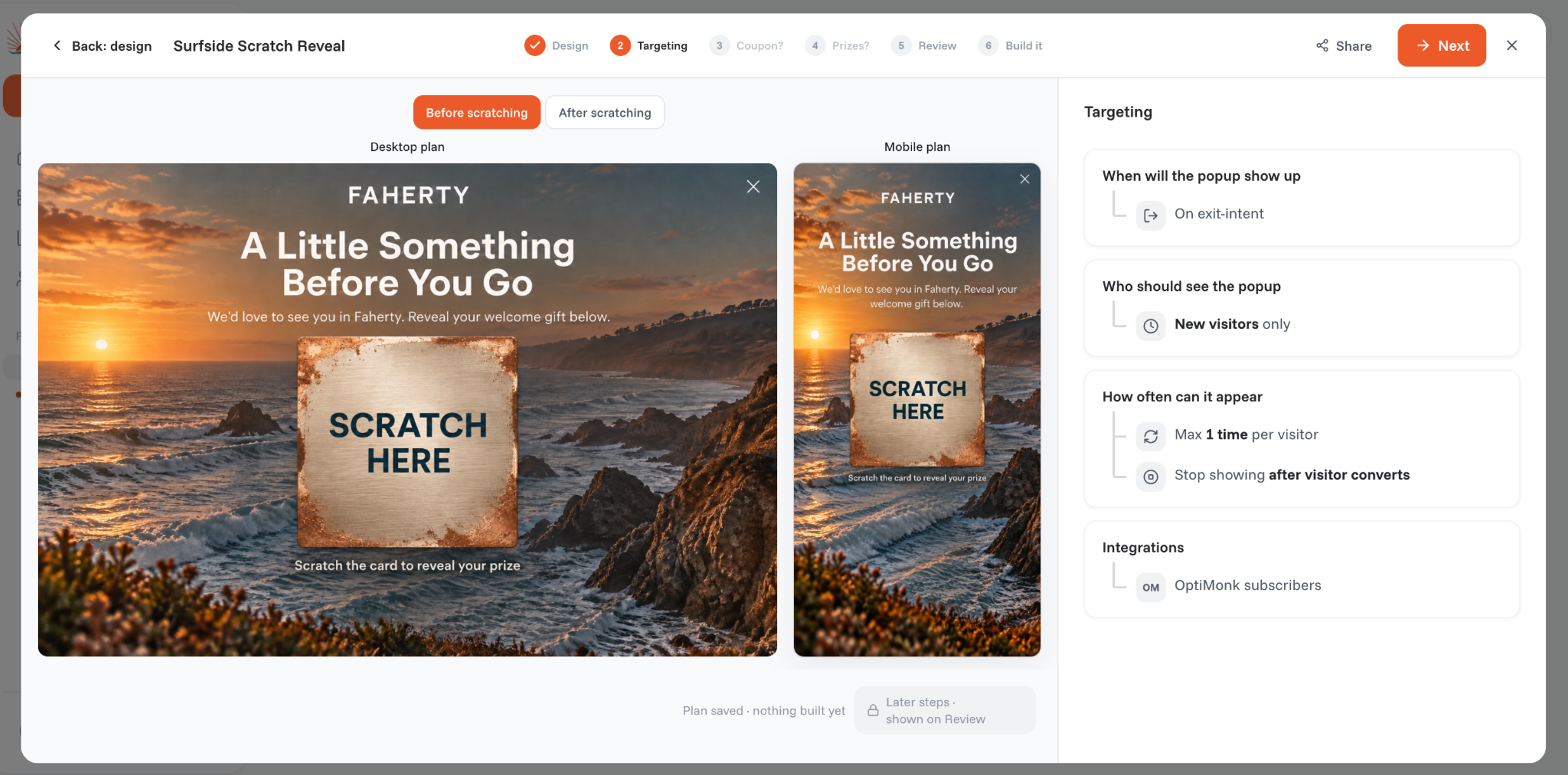 OptiMonk Targeting step for the Faherty popup: shown on exit intent, to new visitors only, at most once per visitor