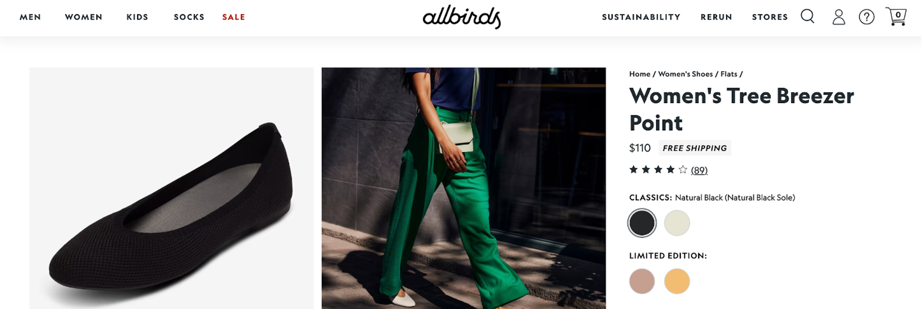 Allbirds free shippping promo on product page