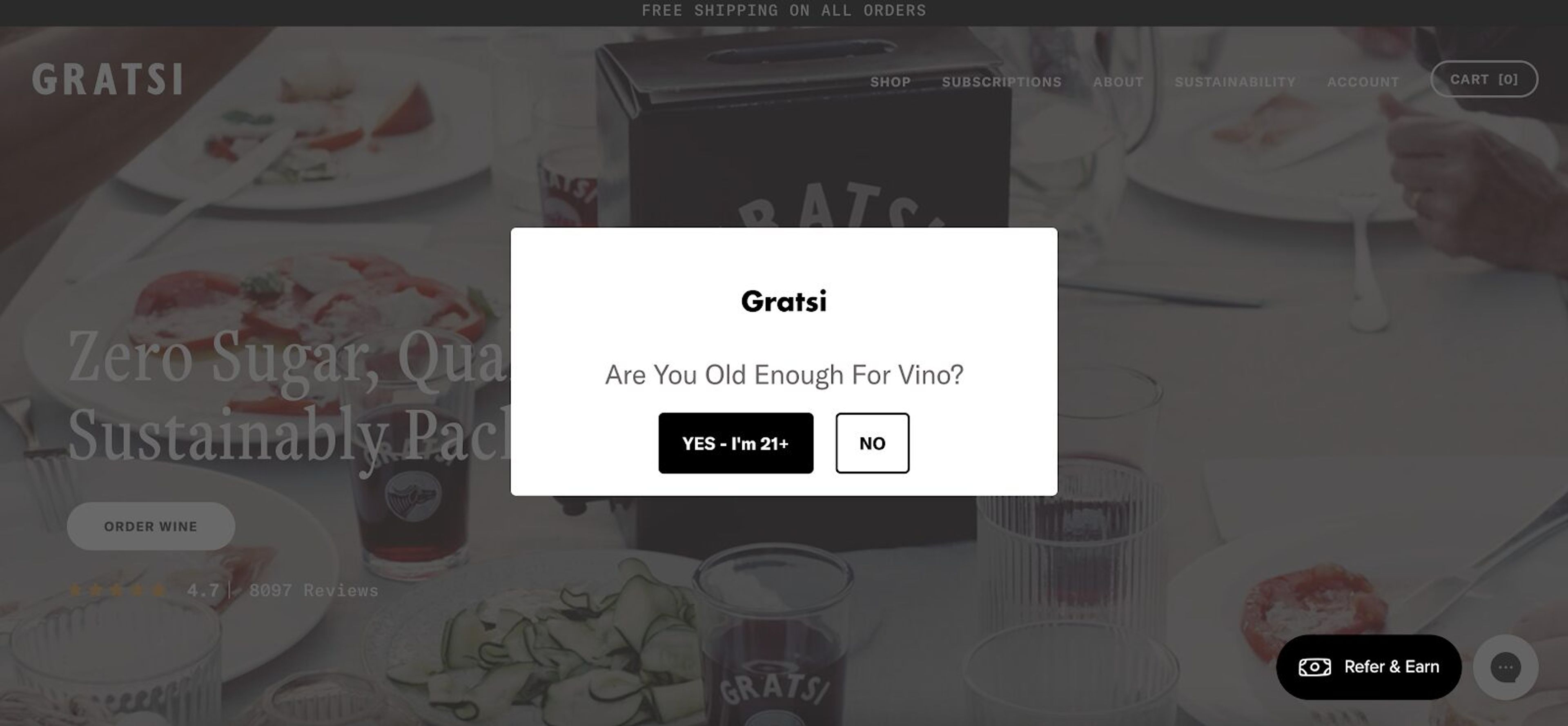 Gratsi's website age verification popup asking visitors to verify age.
