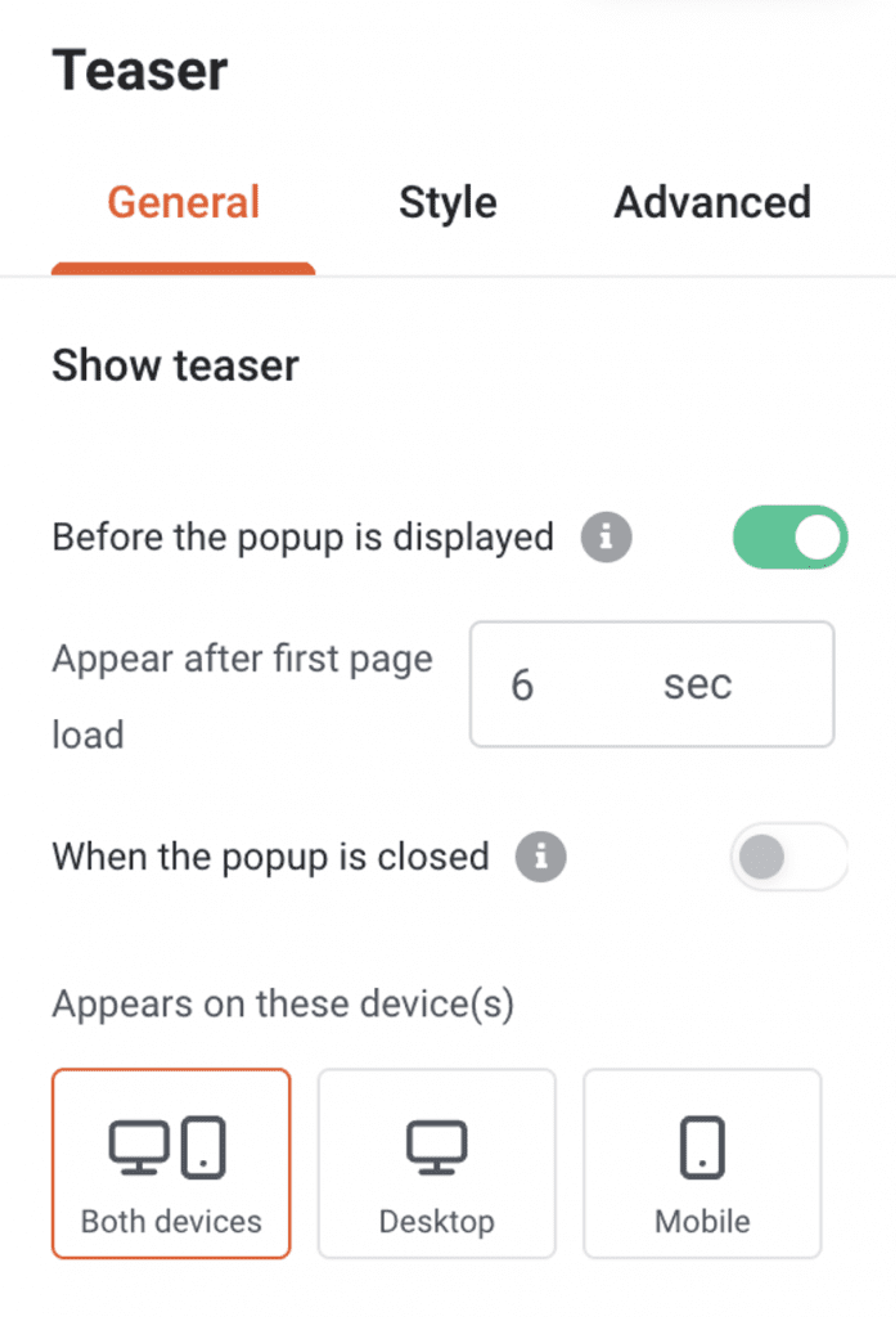 Teaser settings for display