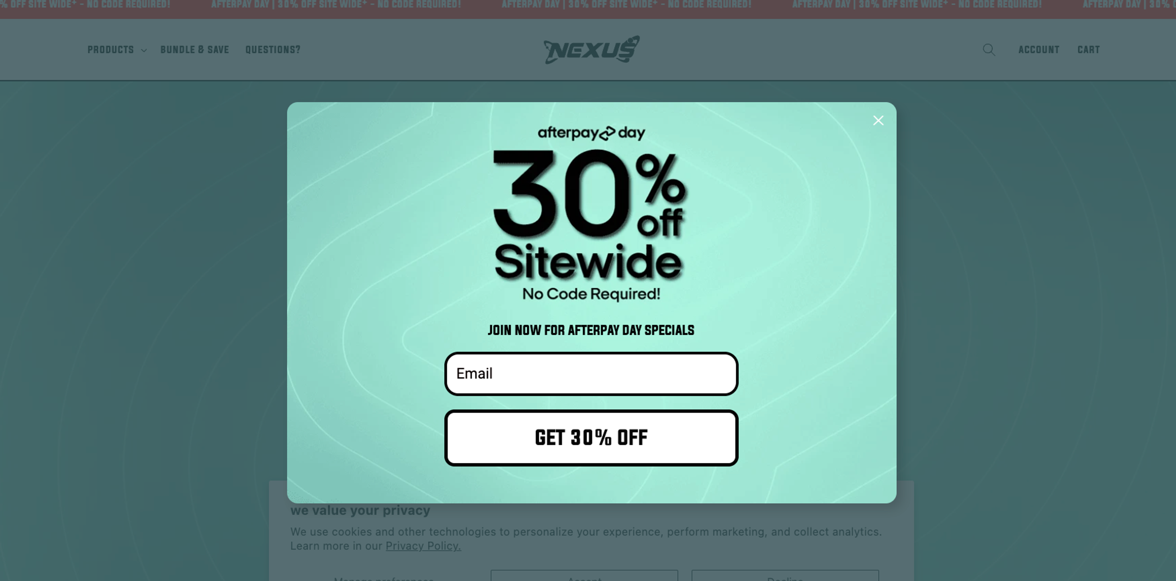Nexus Nutrition popup message example