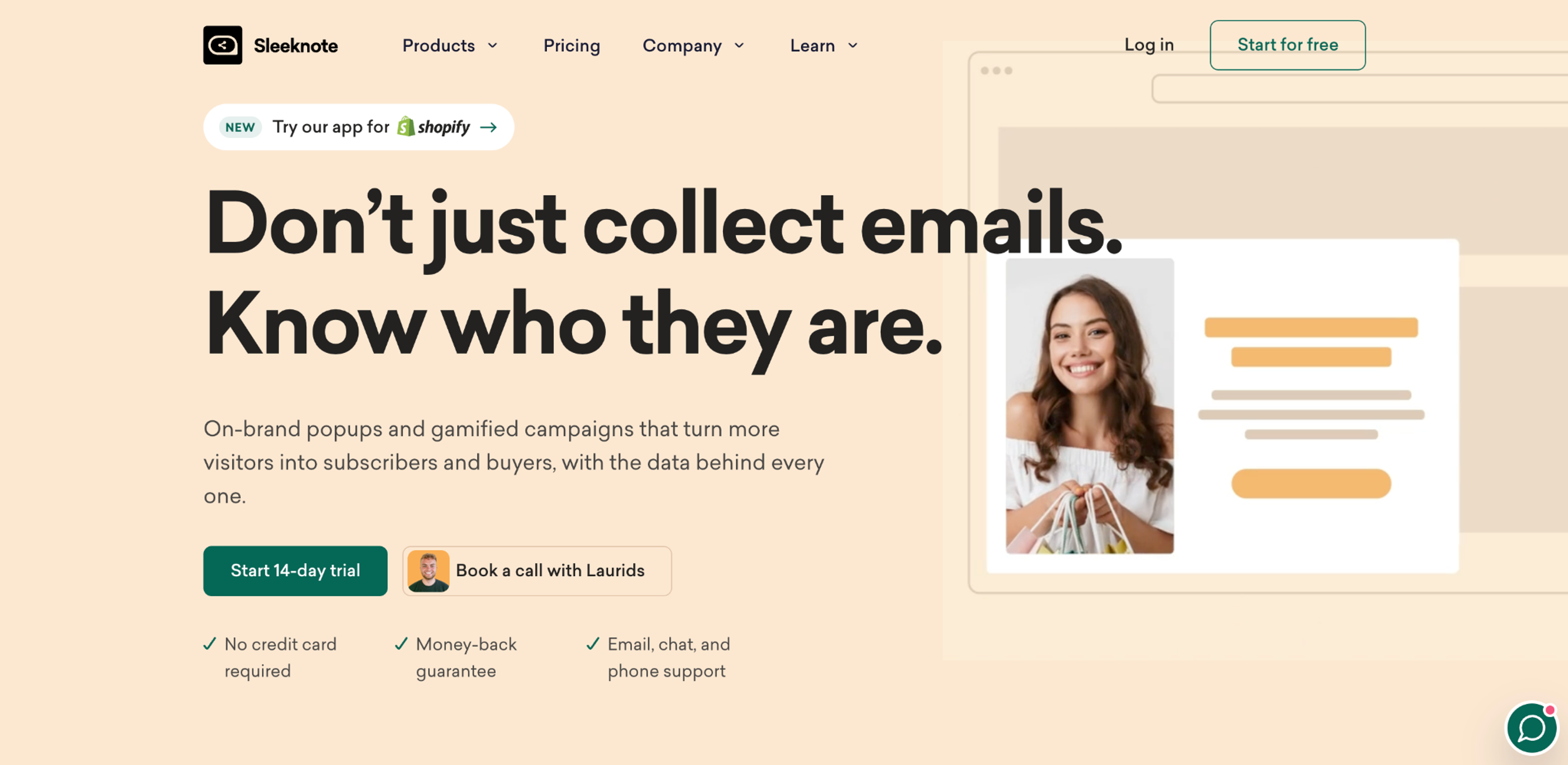 Sleeknote homepage about on-brand popups and gamified campaigns with a 14-day trial