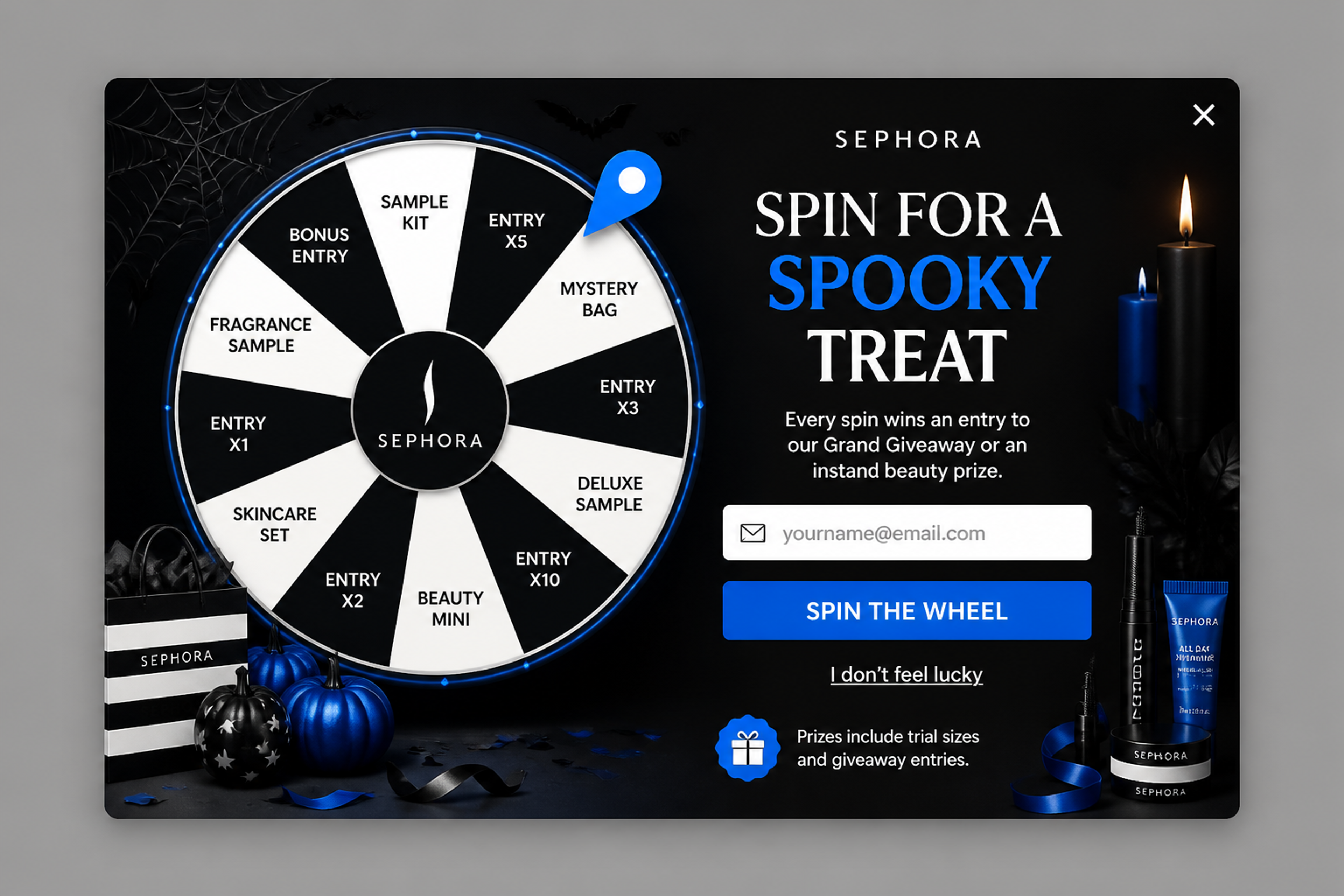 Halloween spin-to-win popup designed for Sephora where every spin wins a giveaway entry or a beauty prize