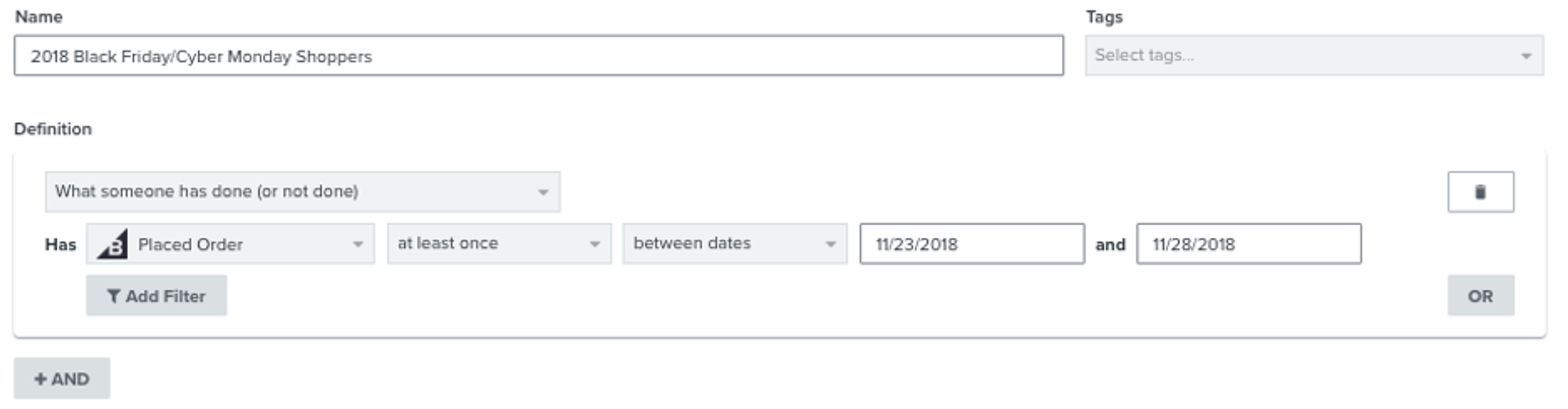 Klaviyo lists for customers who have responded to seasonal sales