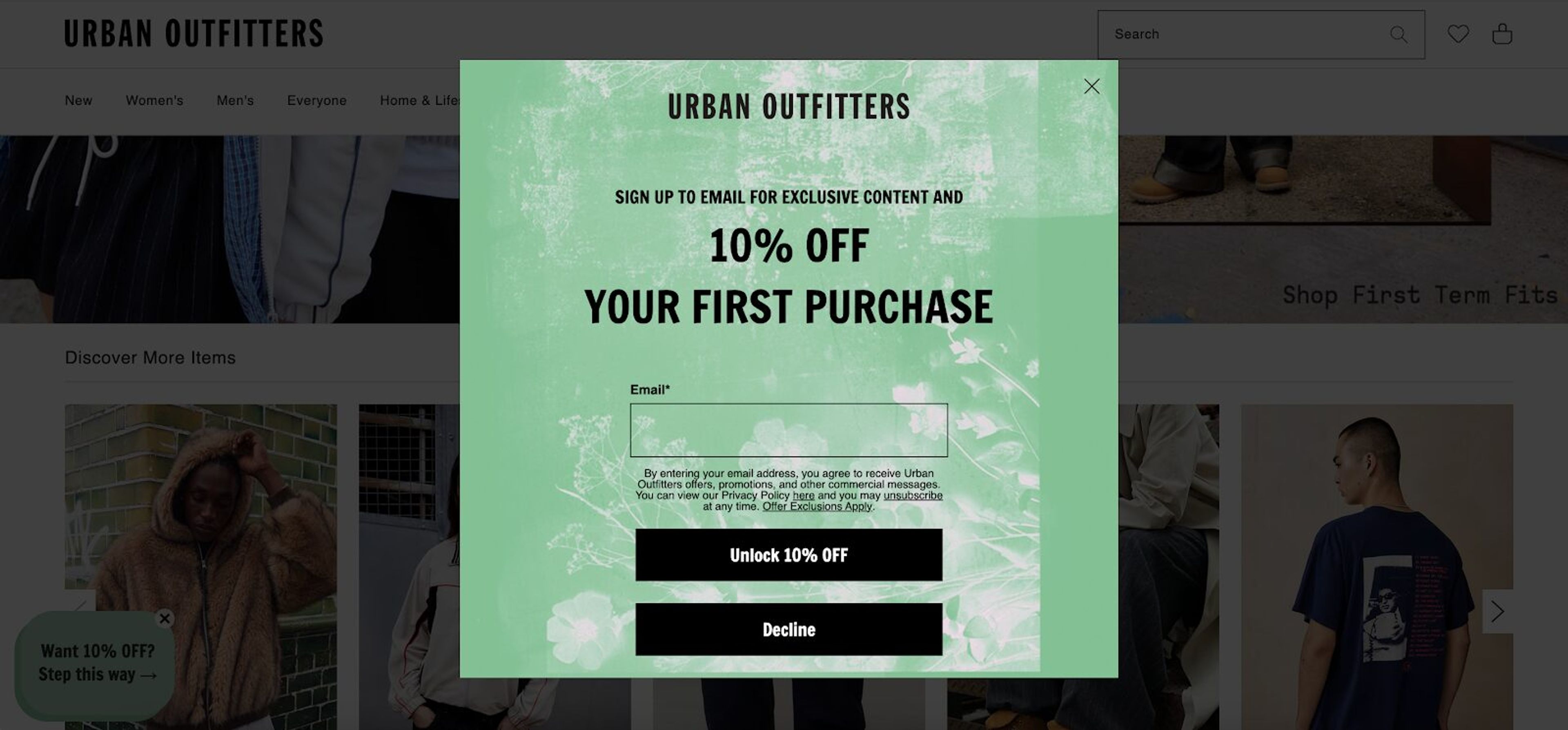 Urban Outfitters newsletter signup form example approches nails simplicity.