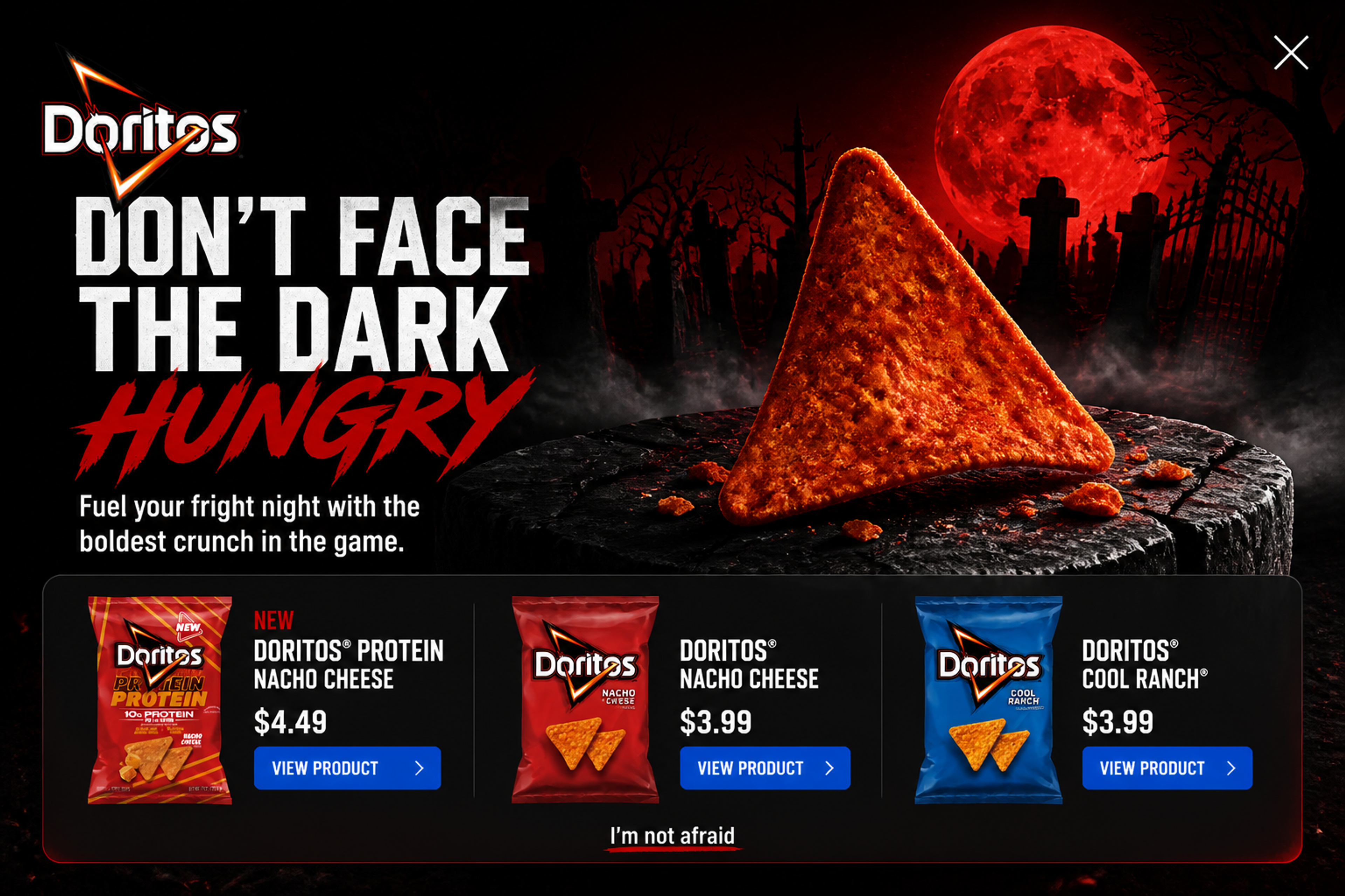 Fullscreen Halloween product popup designed for Doritos with "Don't face the dark hungry" headline and a View Product button