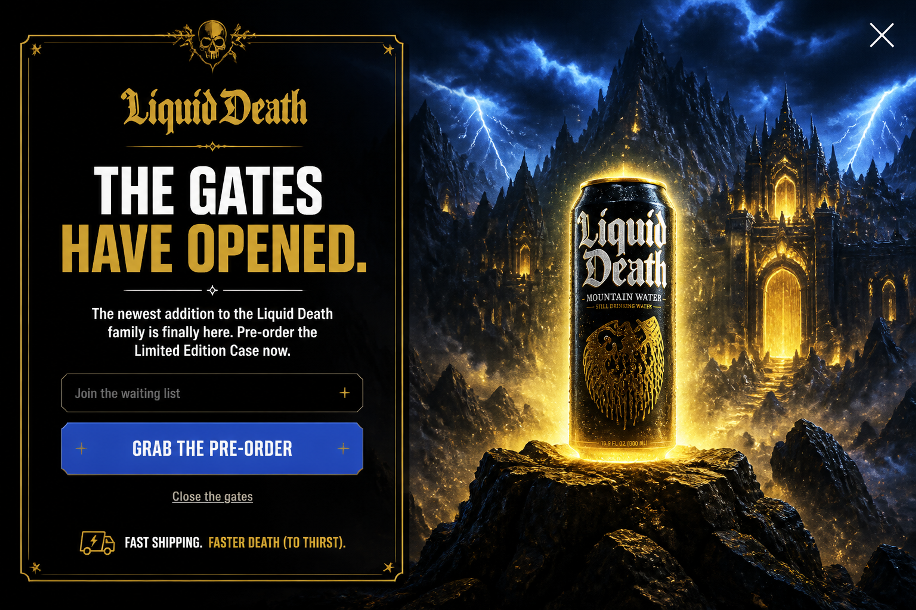 Pre-order popup for a limited edition case of canned water with a dark, dramatic design