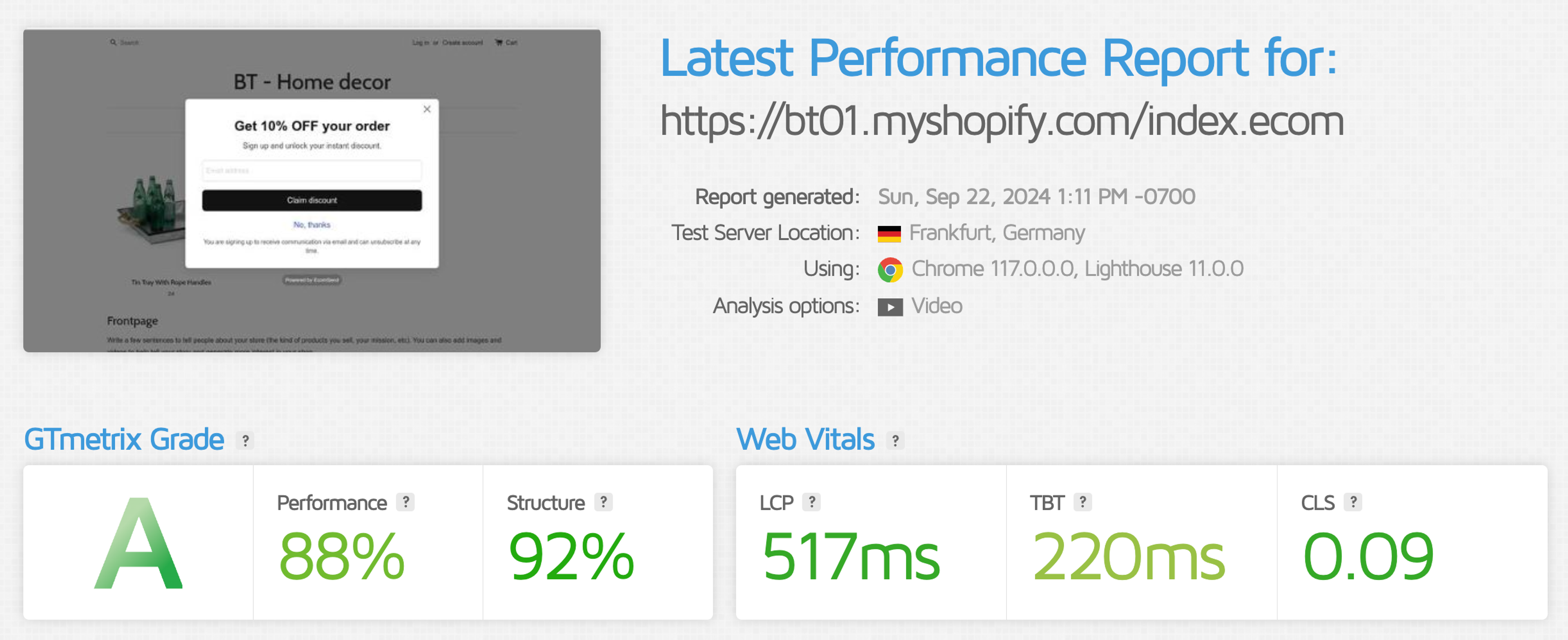 Ecomsend GTMetrix page speed results
