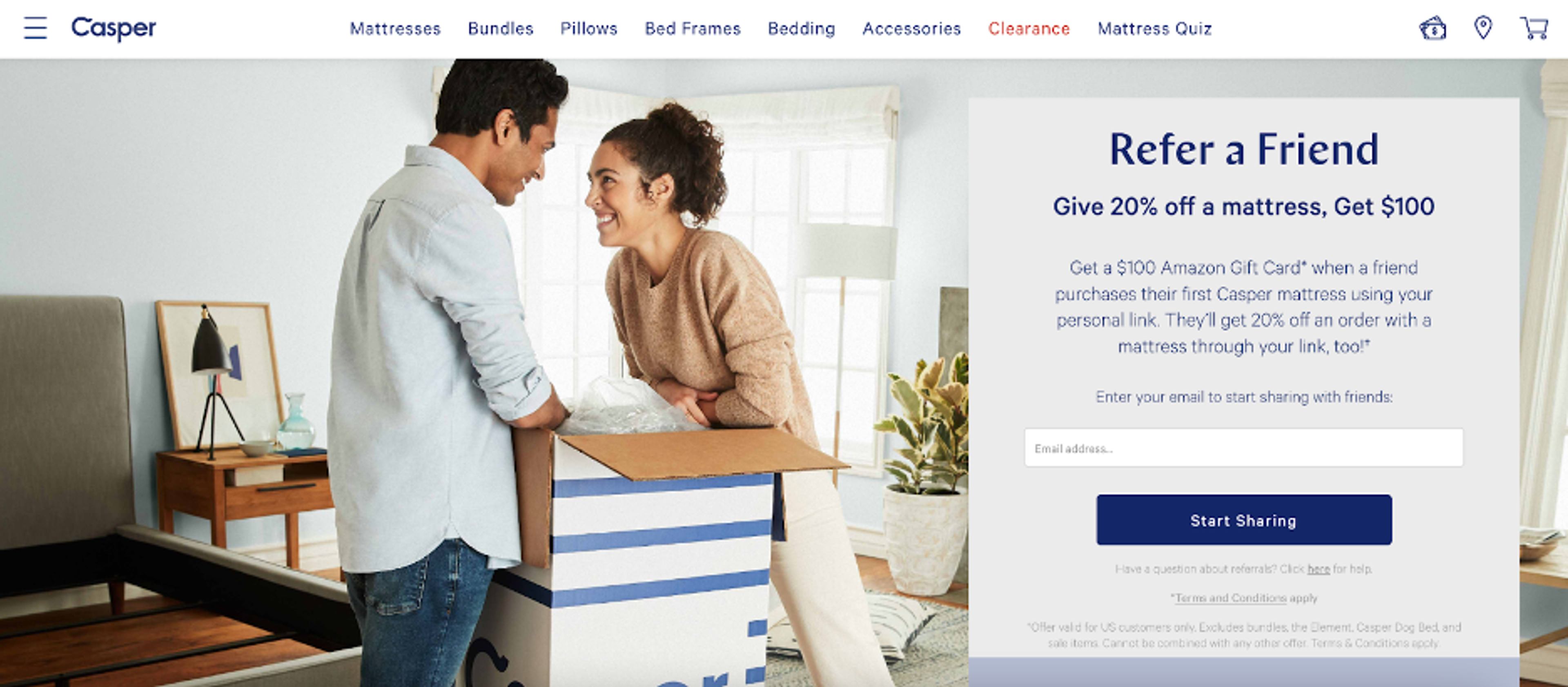 Casper's referral marketing on their site