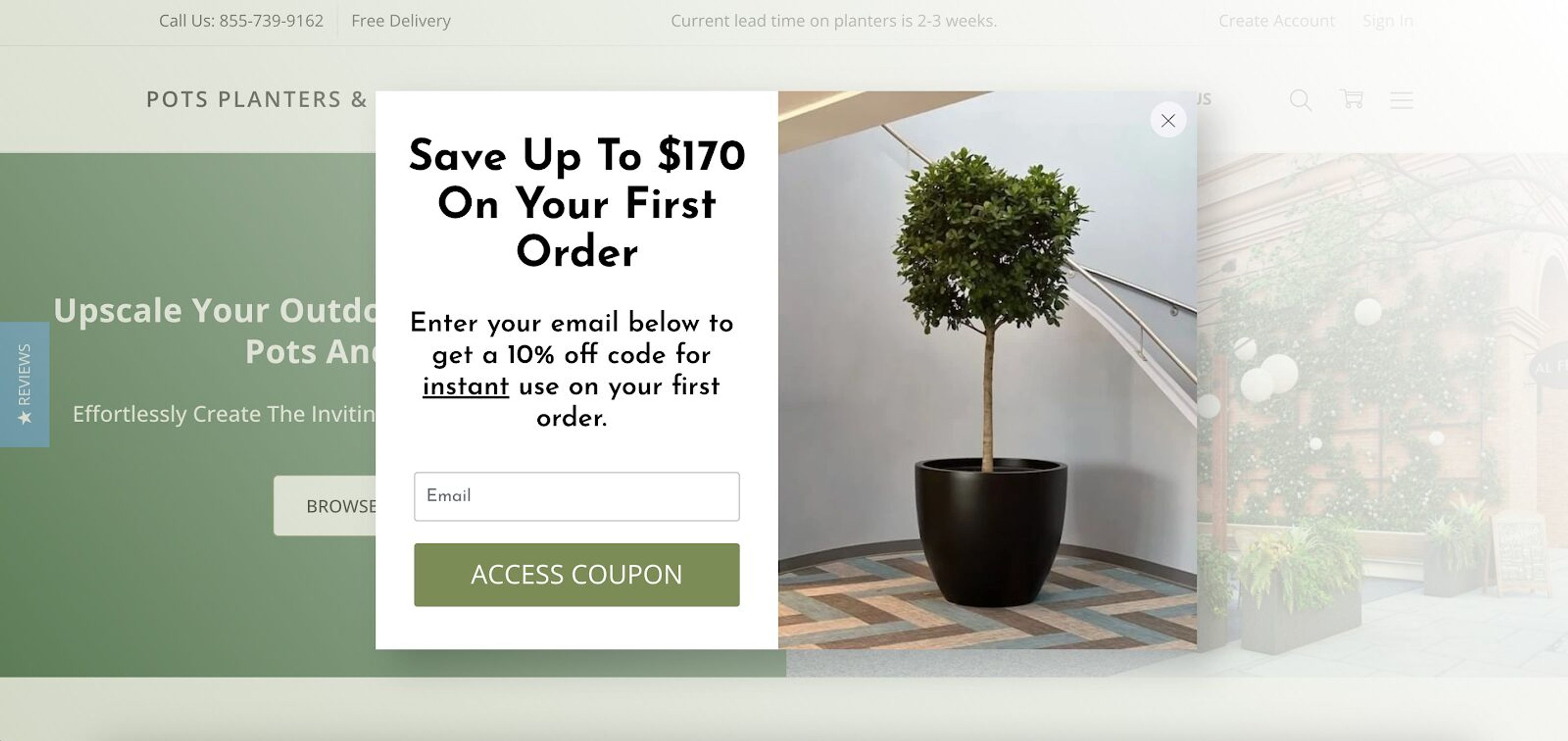 "Pots, Planters &amp; More's segmentation pop-up allowing visitors to choose their shopping reason and offering targeted coupon codes.