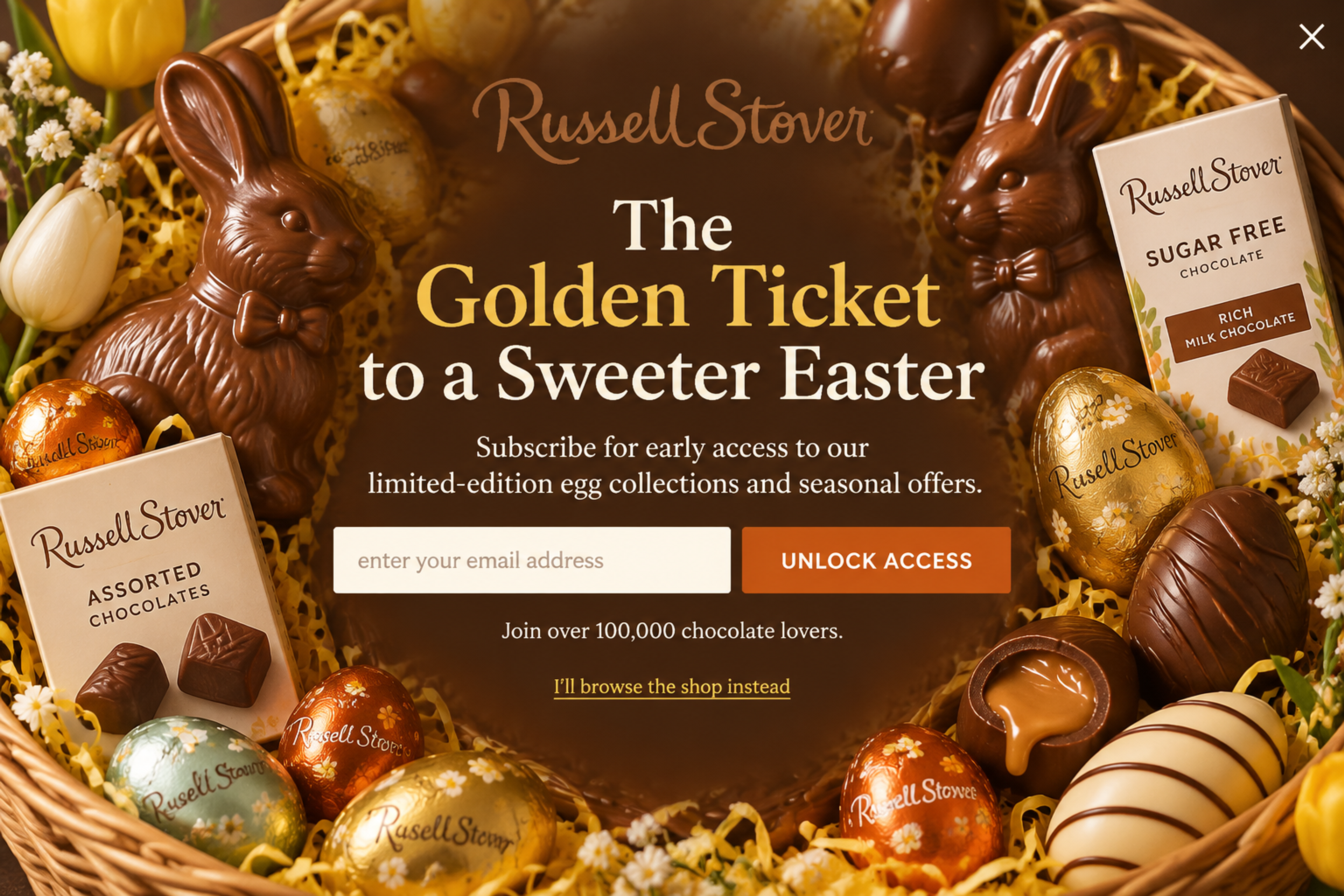 Fullscreen Easter popup offering early access to limited-edition chocolate eggs for subscribers