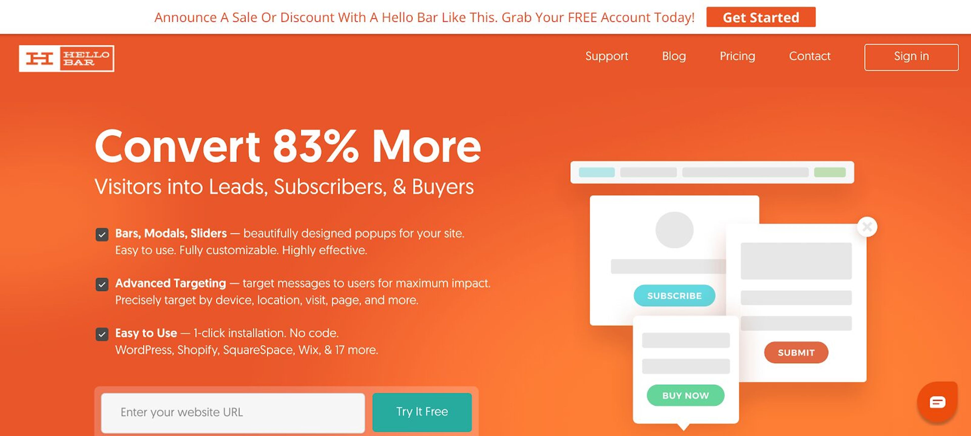 Simple lead capture tool offering customizable pop-ups, bars, and sliders