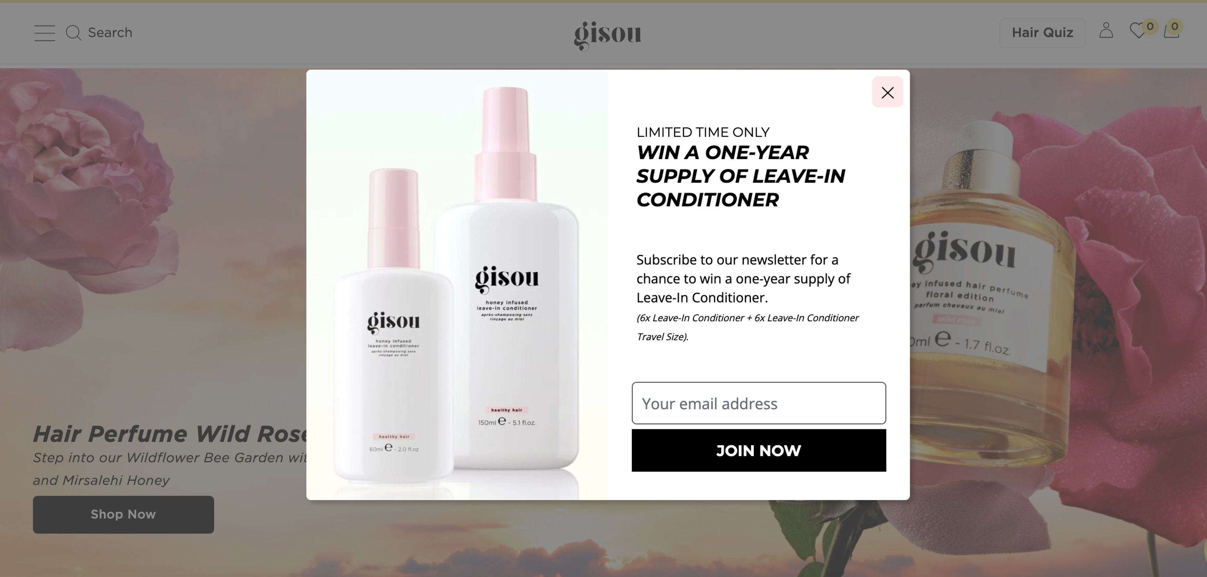 Gisou's welcome popup has limited-time discounts with a chance to win a one-year supply of conditioner.