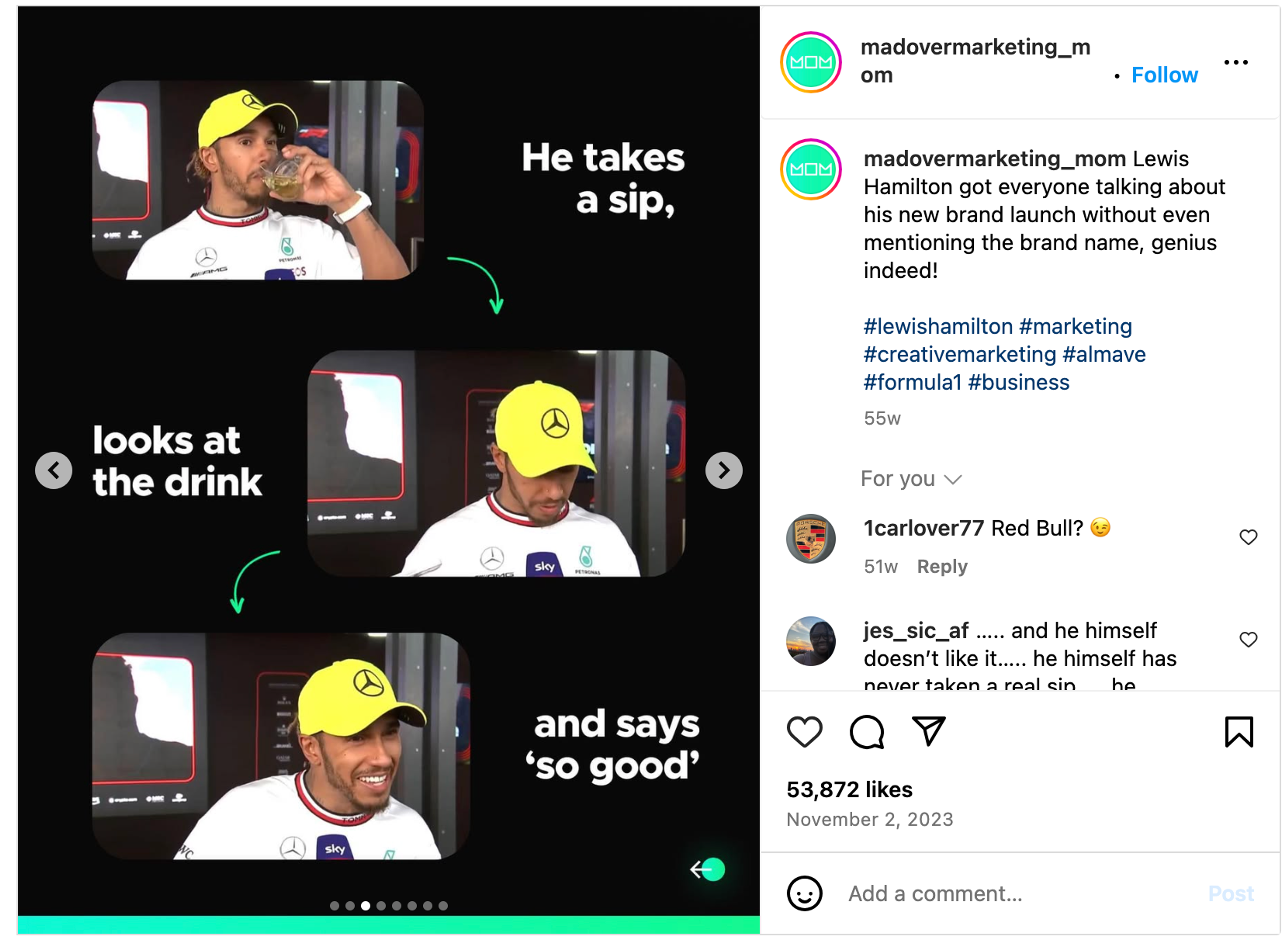 After the Japanese Grand Prix in 2023, Lewis Hamilton casually sipped on a mysterious drink during an interview