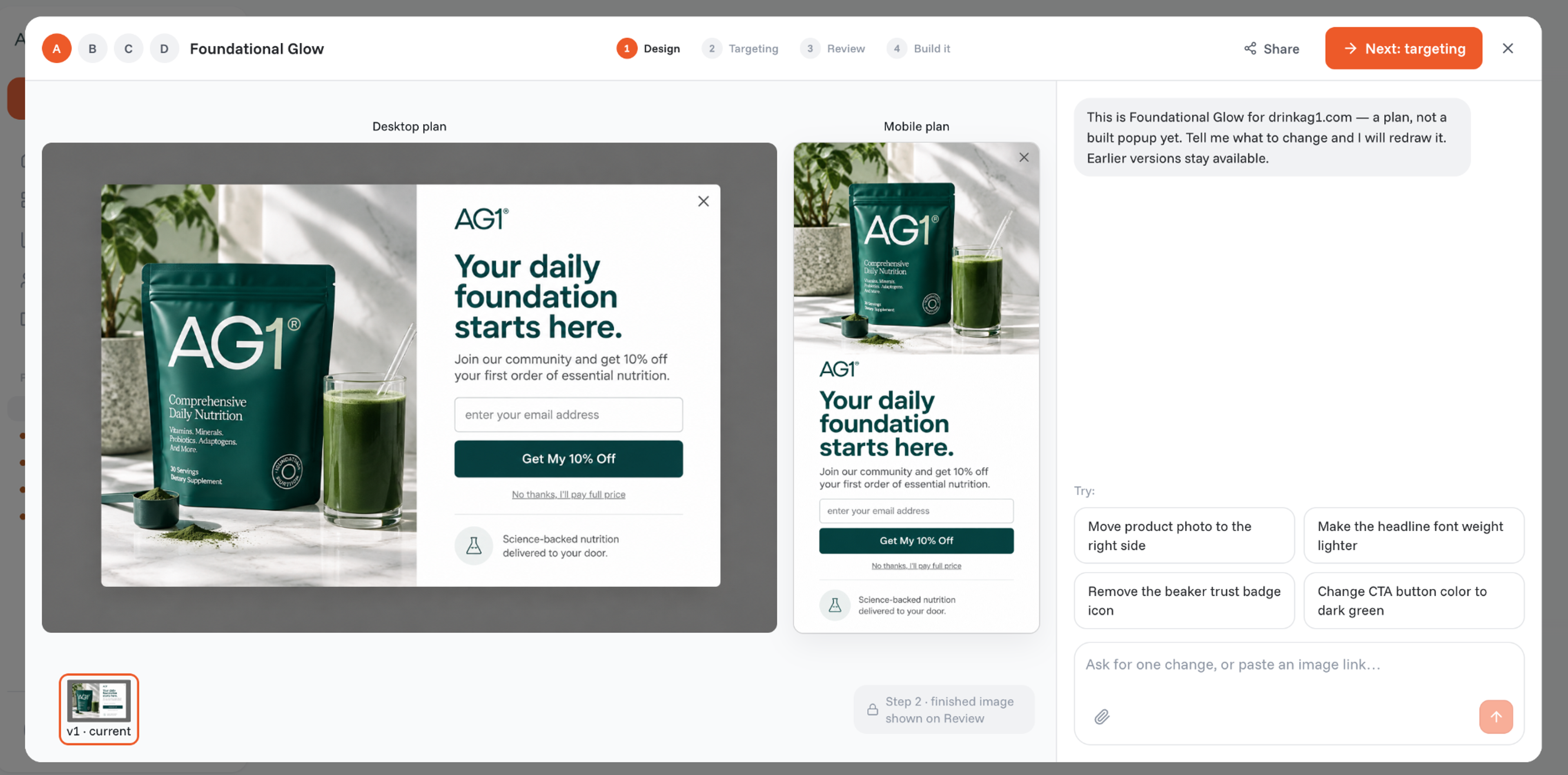 Desktop and mobile plan of the chosen AG1 welcome popup, with suggested changes next to it