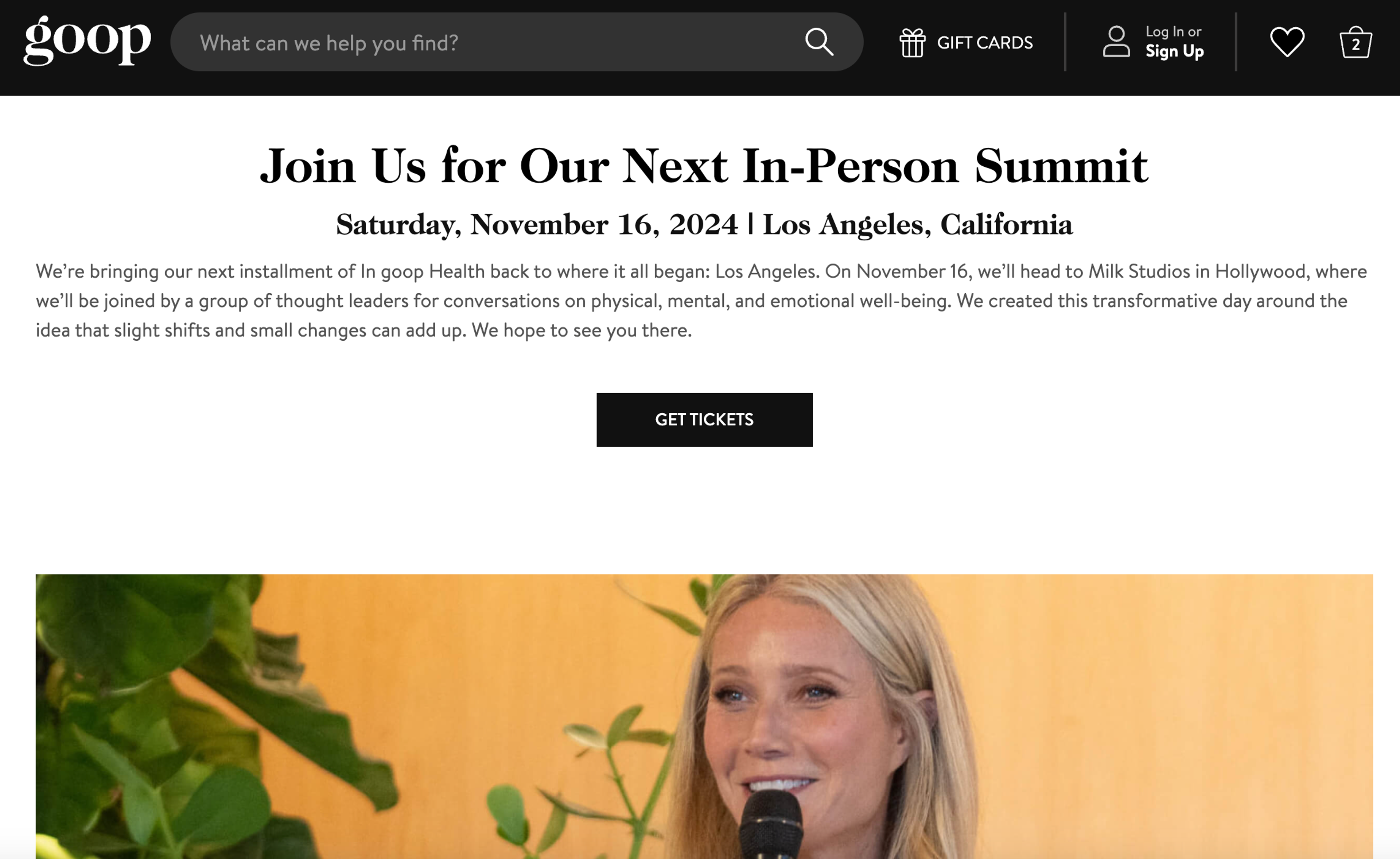 The event page of a Goop-organized wellness experience.