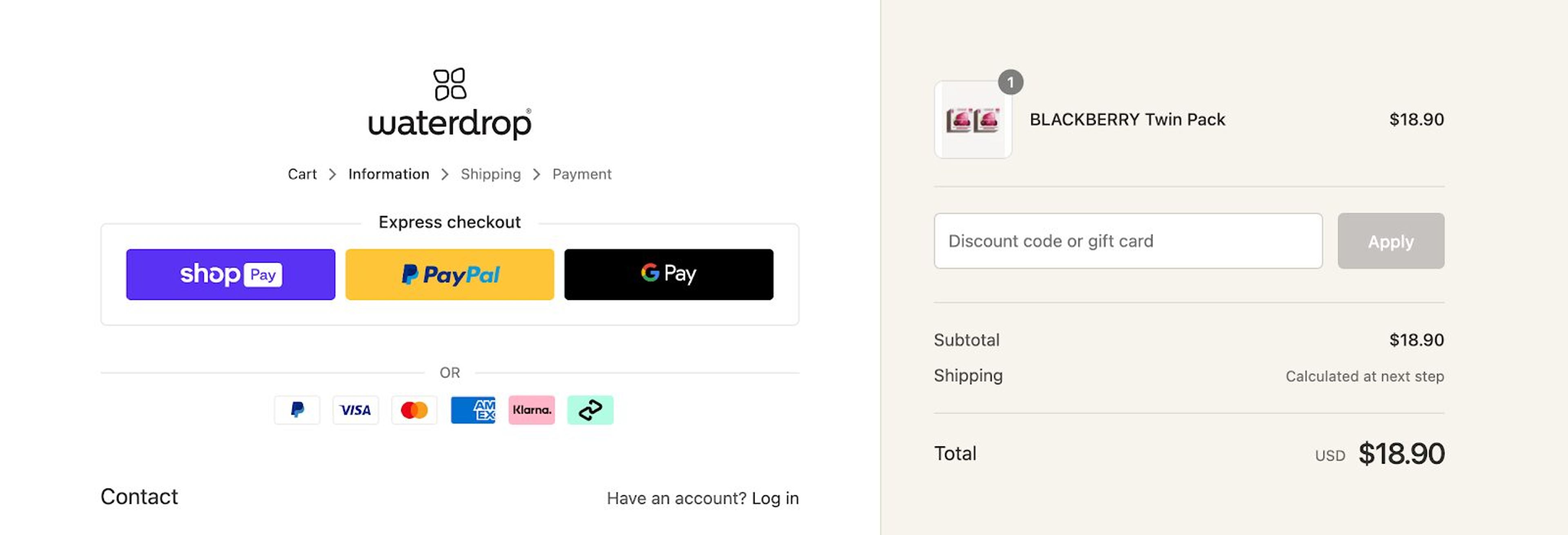 Waterdrop's cart page showing different checkout alternatives to easy out the purchase decision.