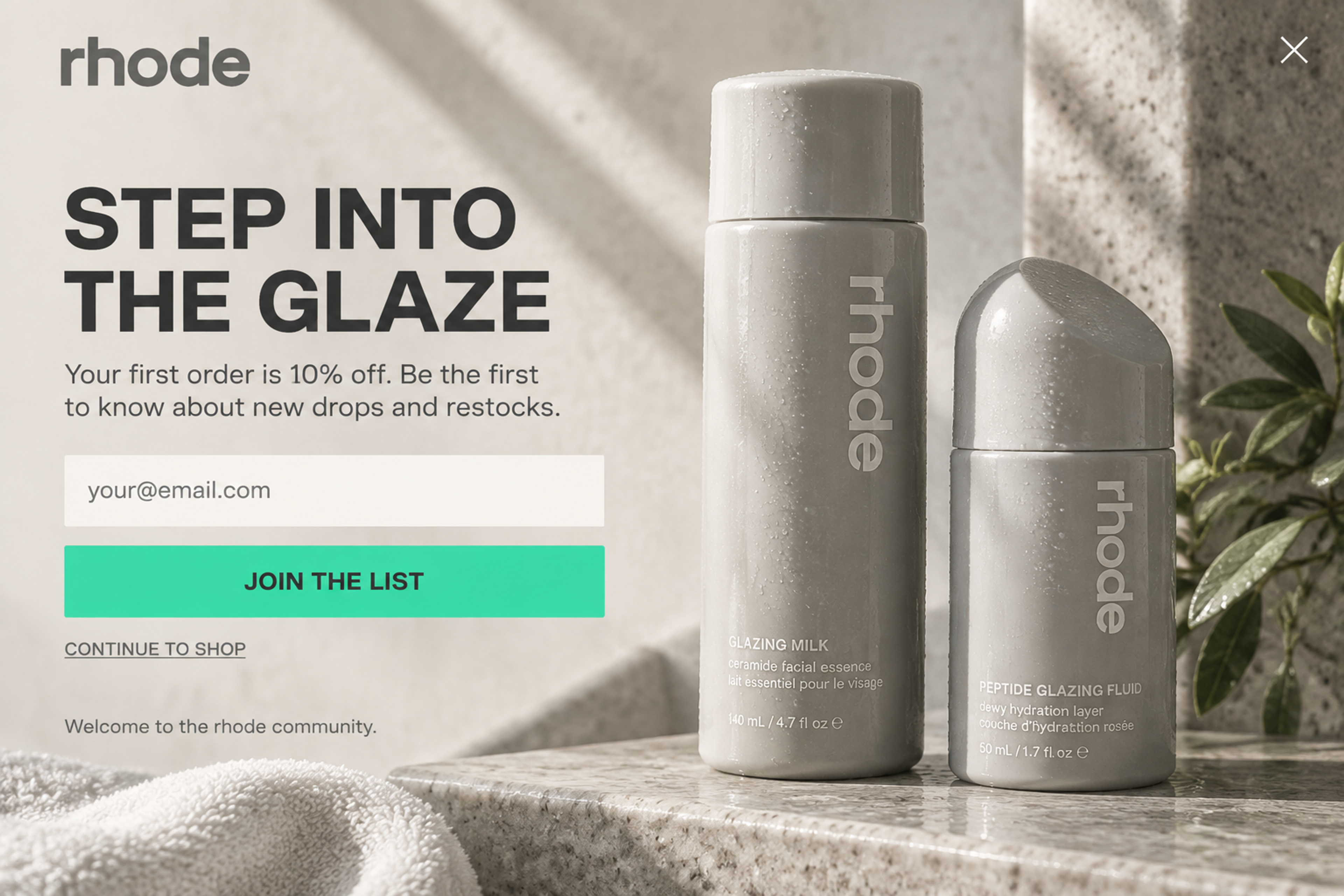 Fullscreen welcome popup with a product still life and 10% off the first order, designed for Rhode