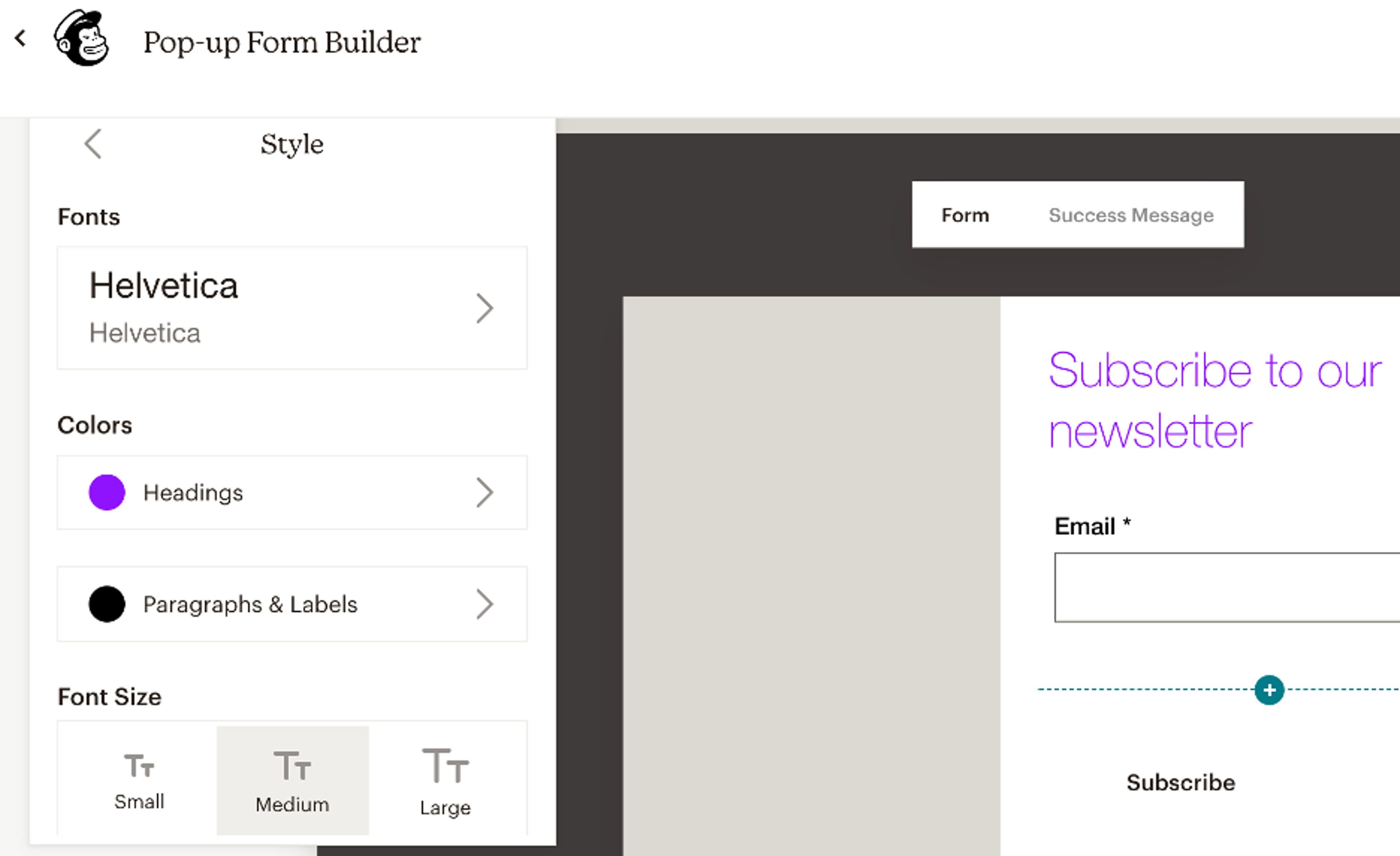Pop-up form customization options in Mailchimp