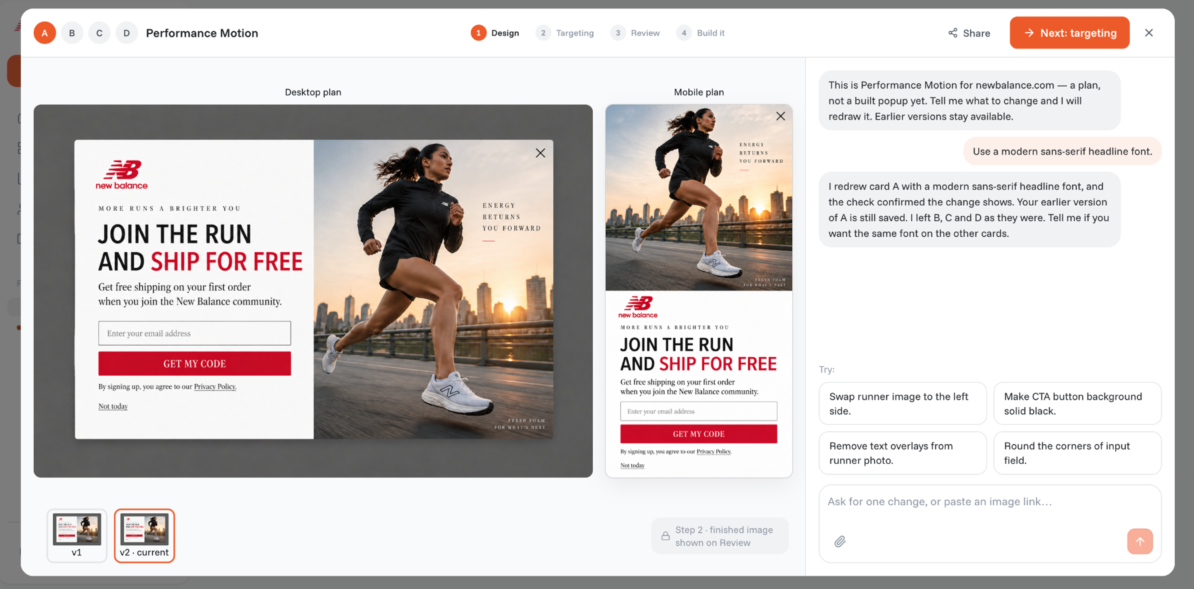 Refining a popup concept in the chat, with the desktop and mobile versions side by side
