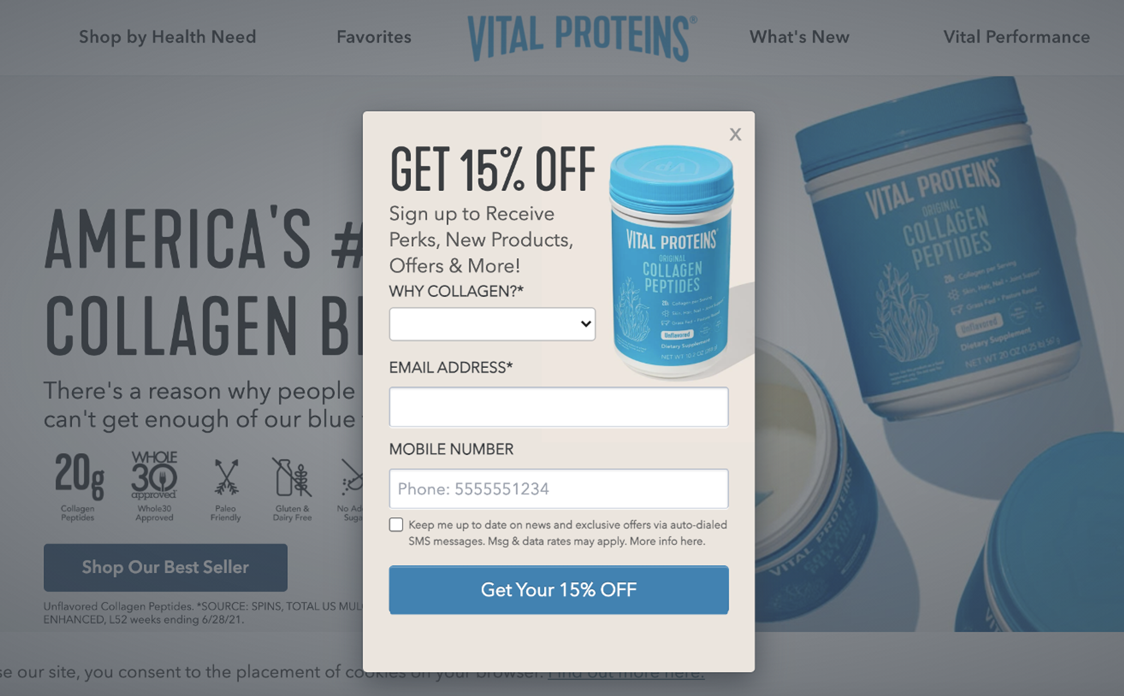 Vital Proteins SMS popup example