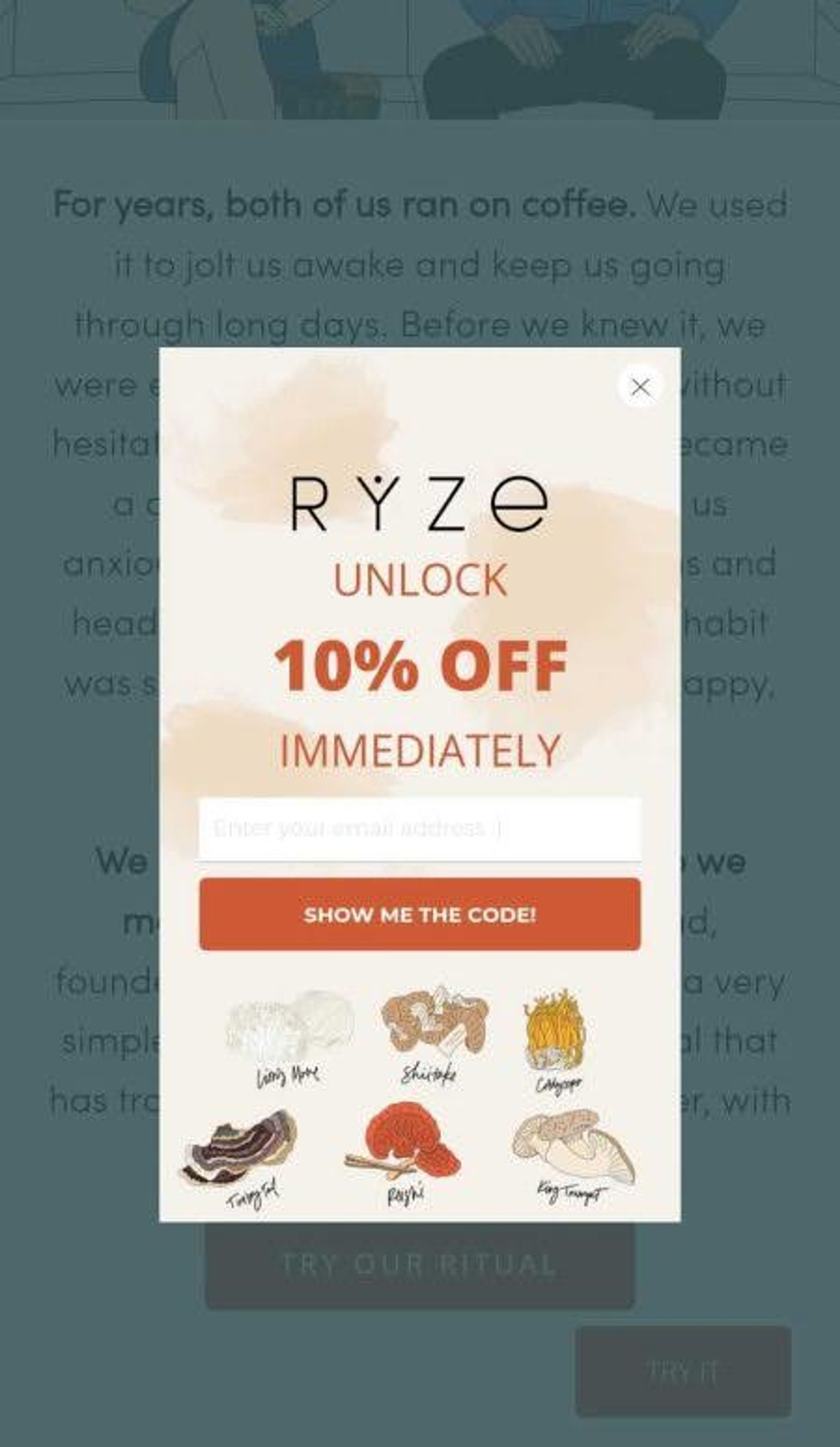 Ryze Mushroom Coffee's mobile exit intent popup has a great CTA which catches visitor's attention.