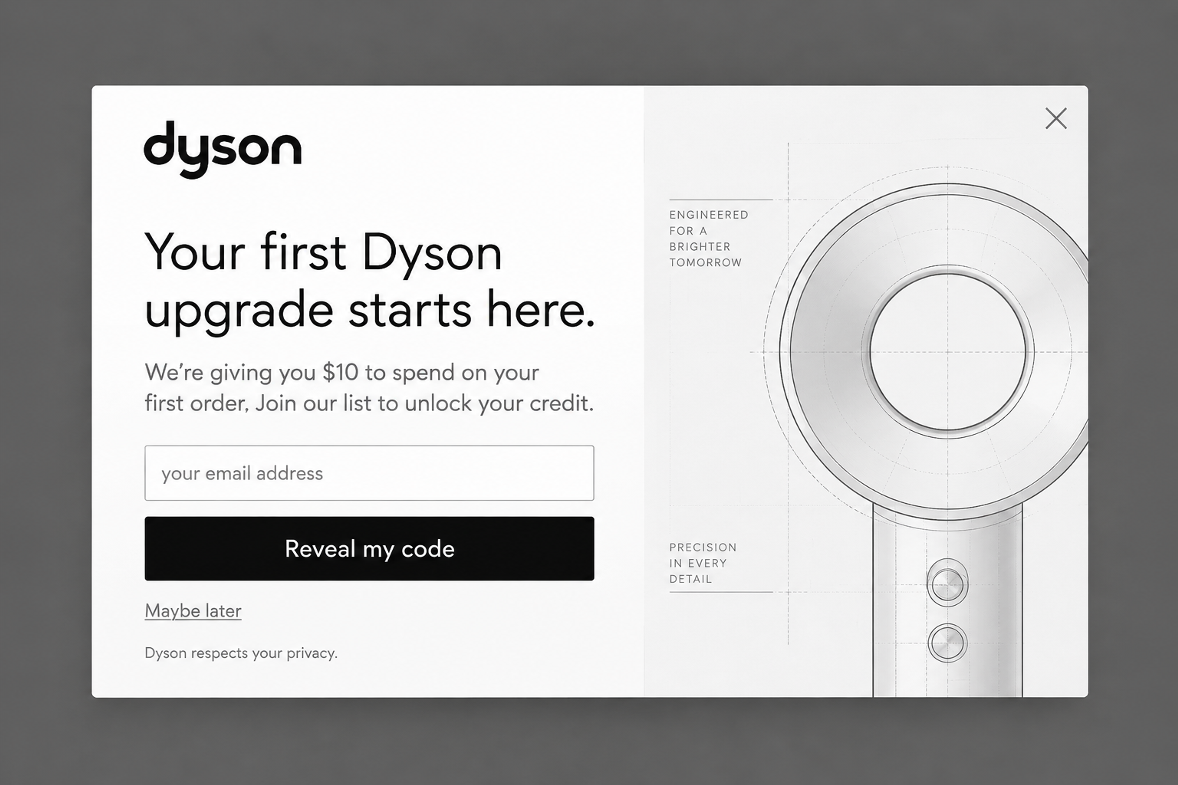 Popup offering $10 to spend on the first order for an email, with a line drawing of a hair dryer