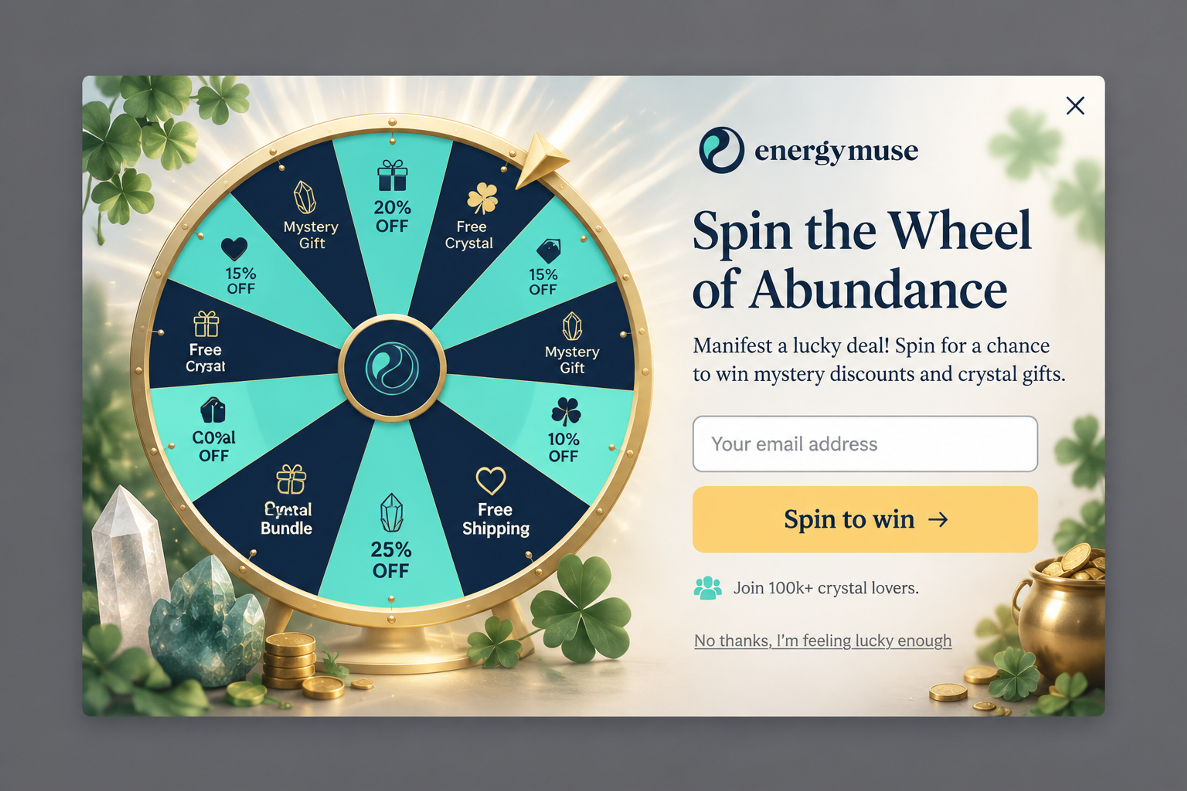 Lucky wheel email signup popup designed for Energy Muse