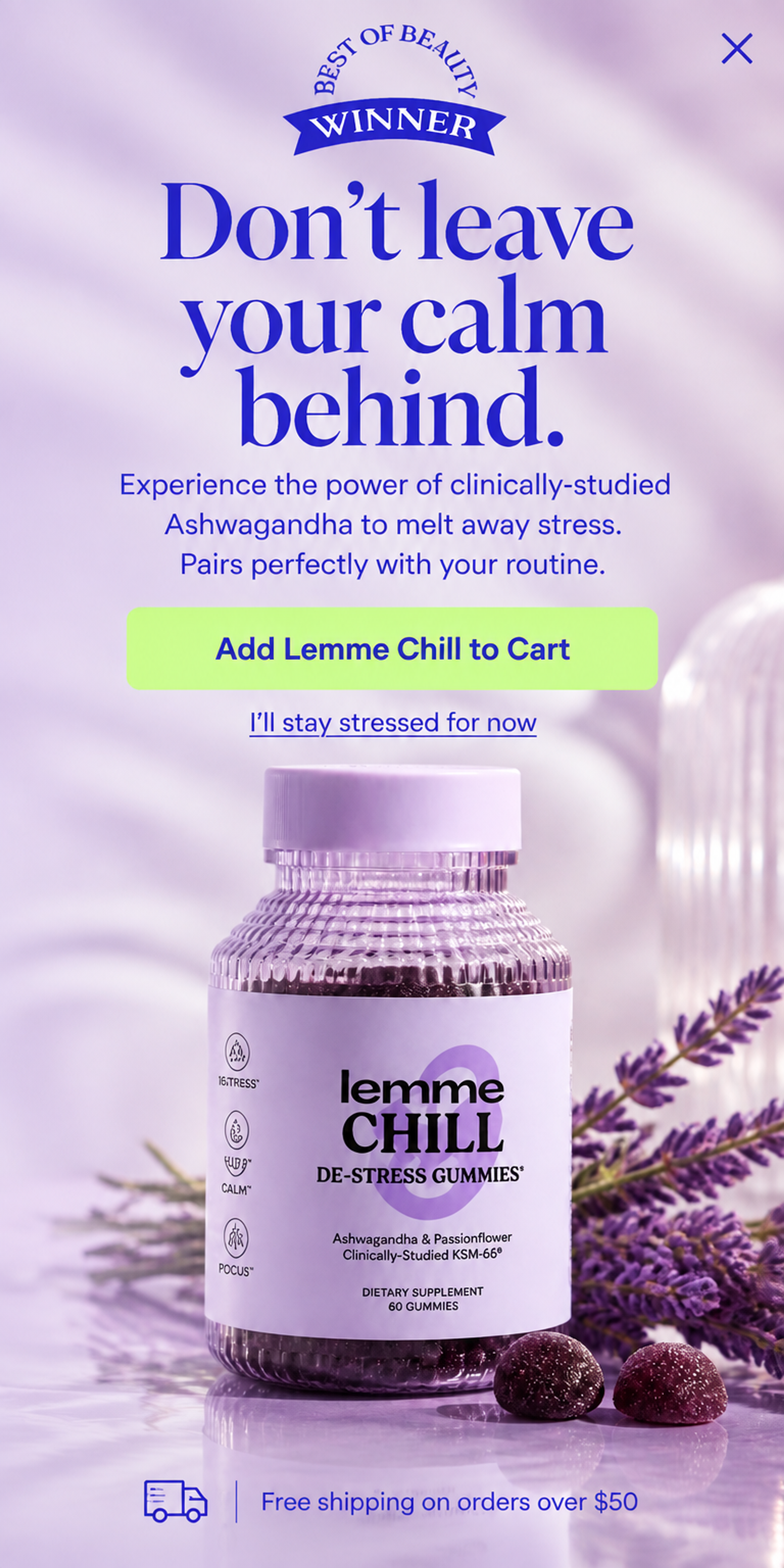 Mobile version of The Serenity Suite popup designed for Lemme