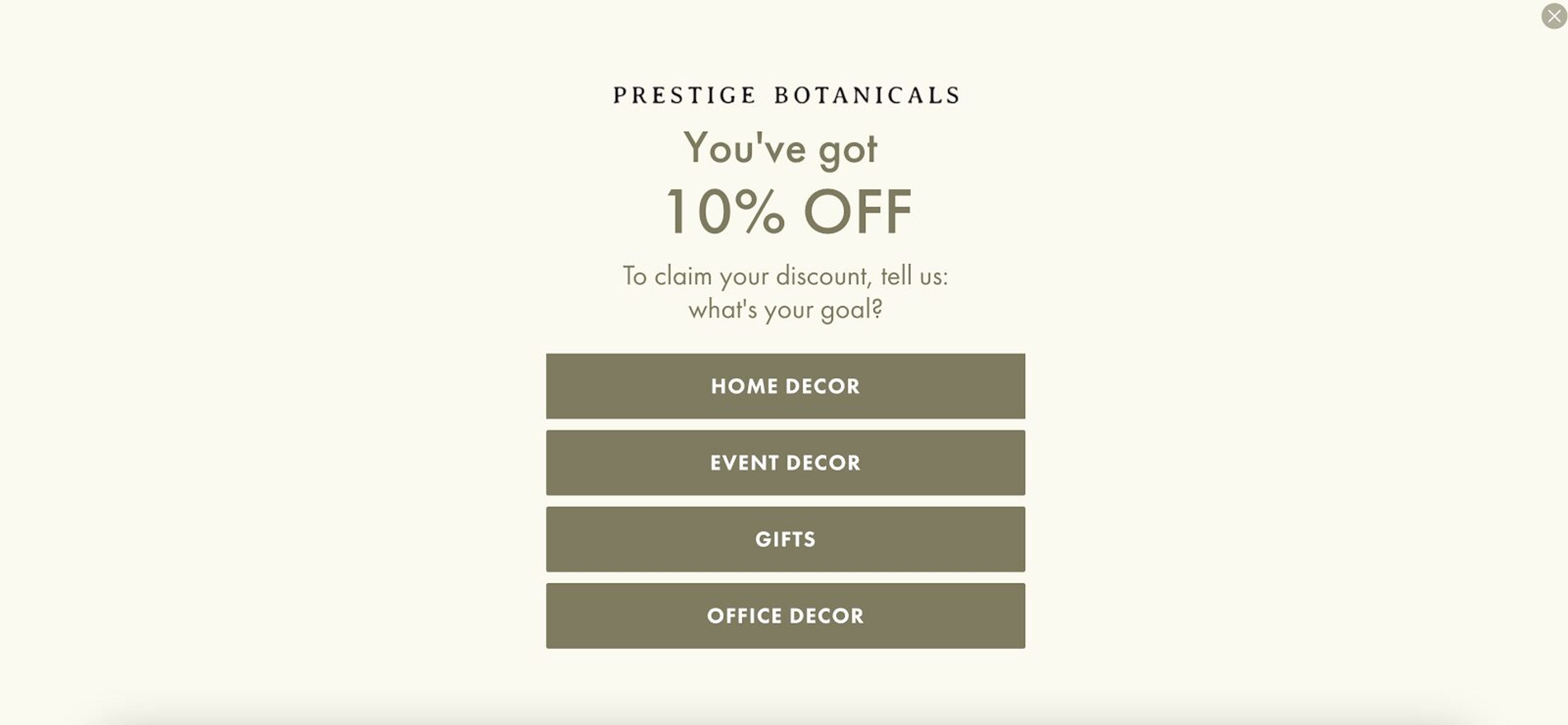 Prestige Botanicals mobile friendly welcome mat popup with options for home, event, or office decor.