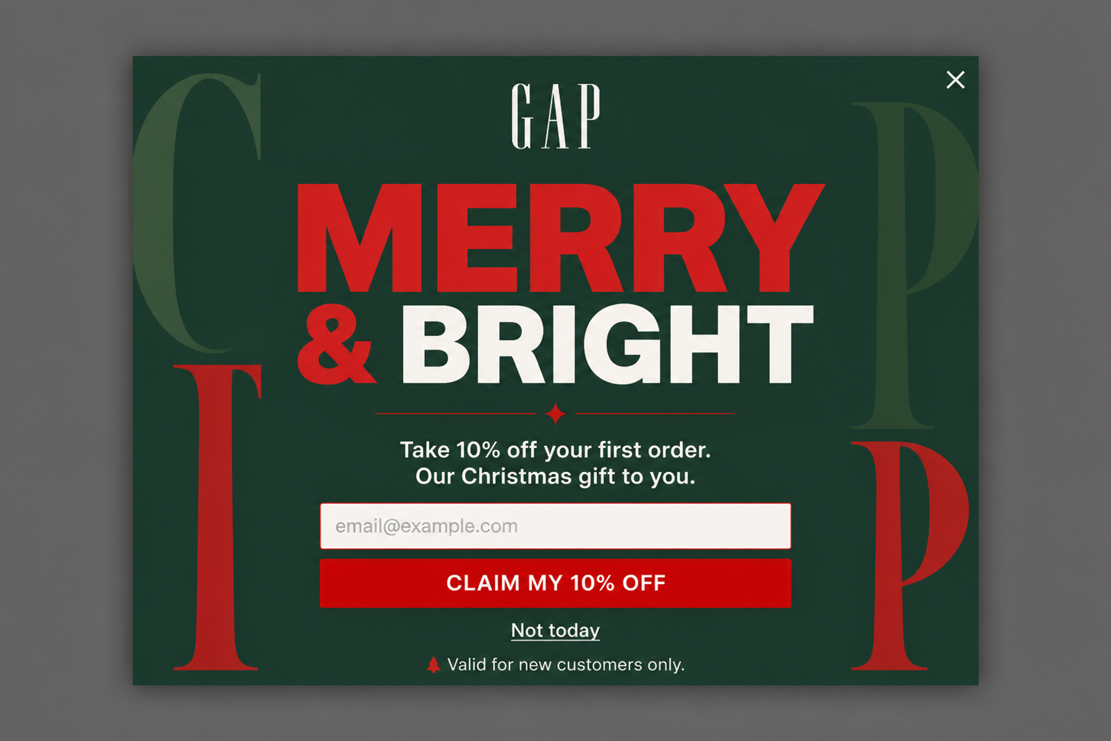 Christmas welcome popup with 10% off the first order, red and green typographic design