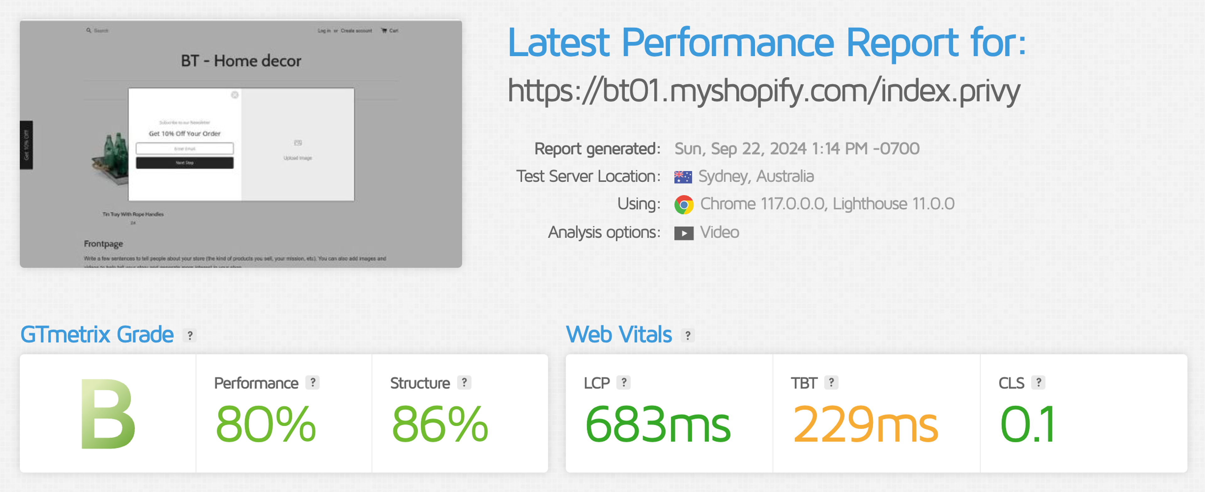 Privy GTMetrix page speed results