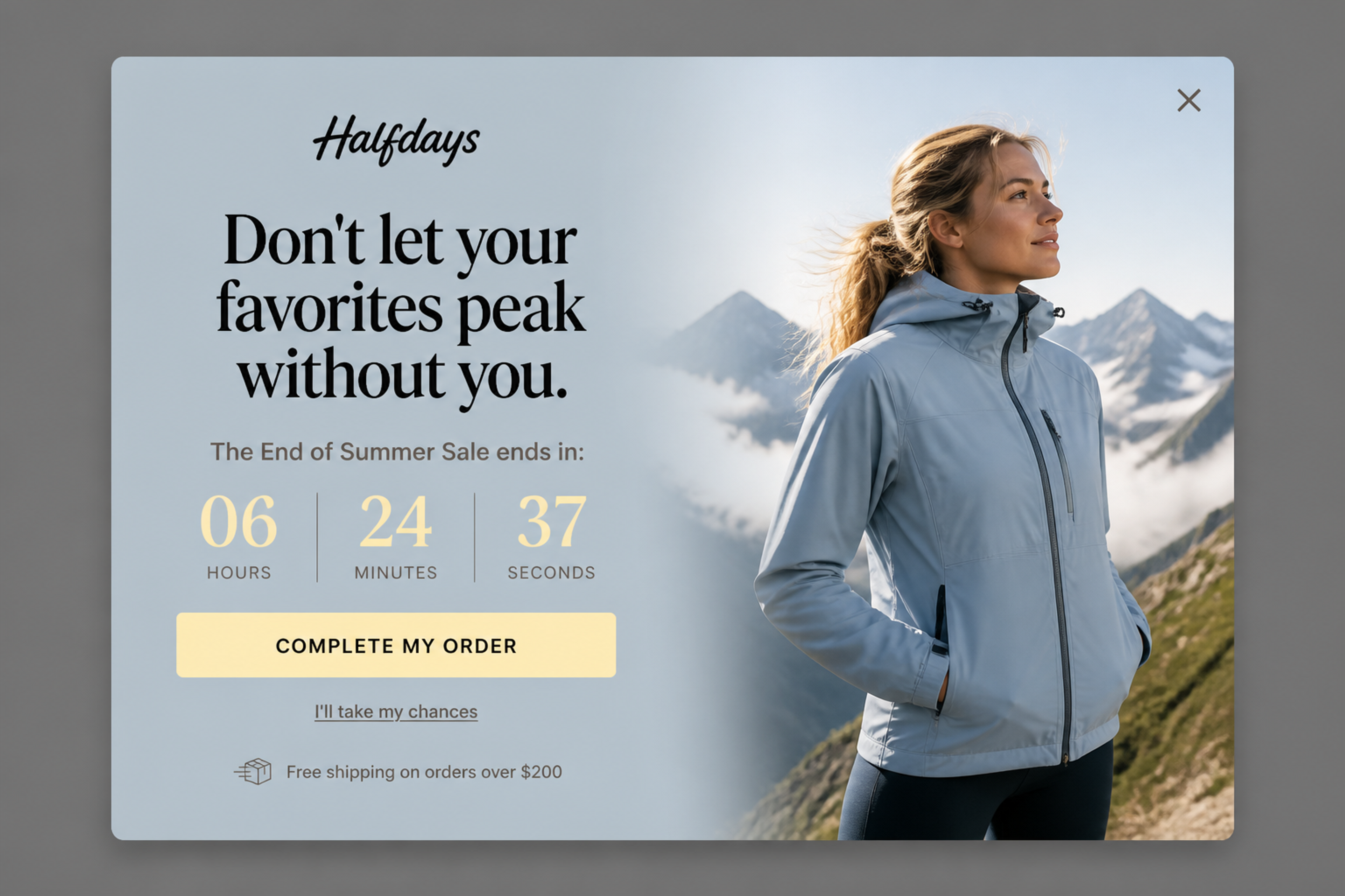 Cart abandonment popup with a countdown to the end of a summer sale