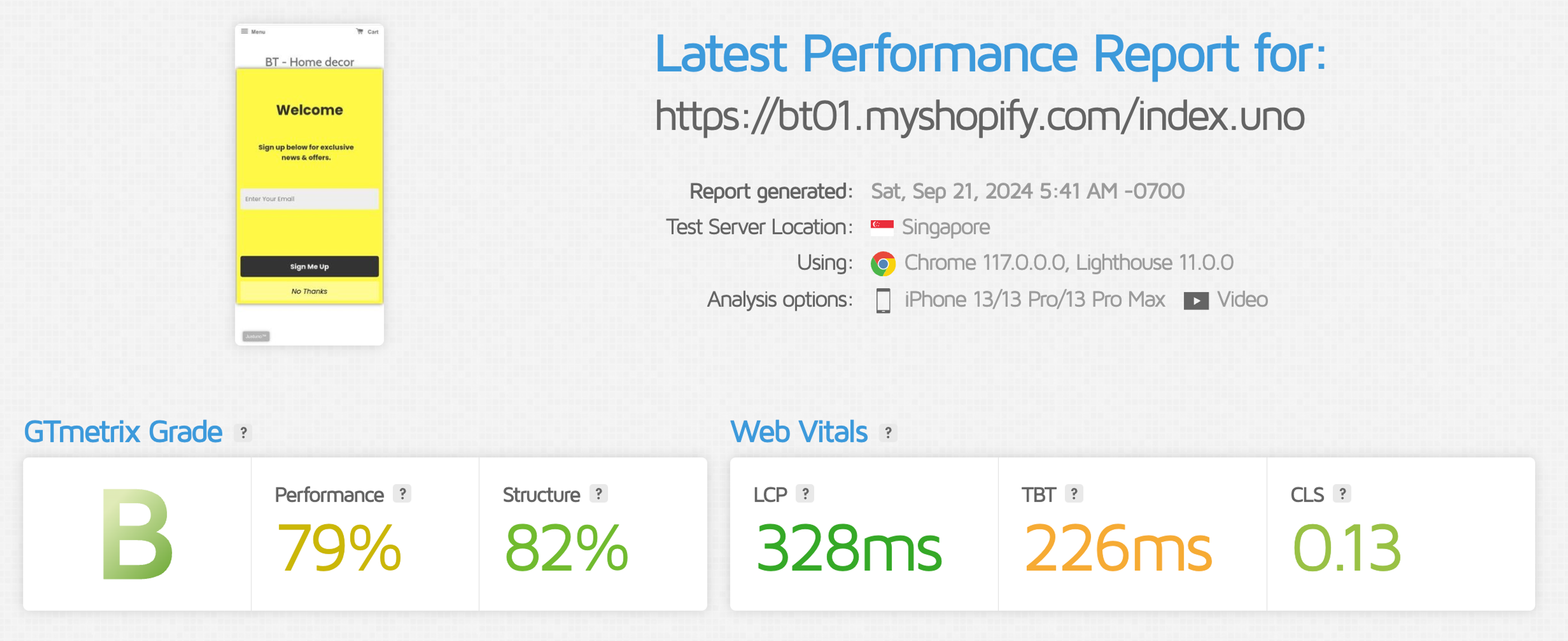 Justuno GTMetrix page speed results