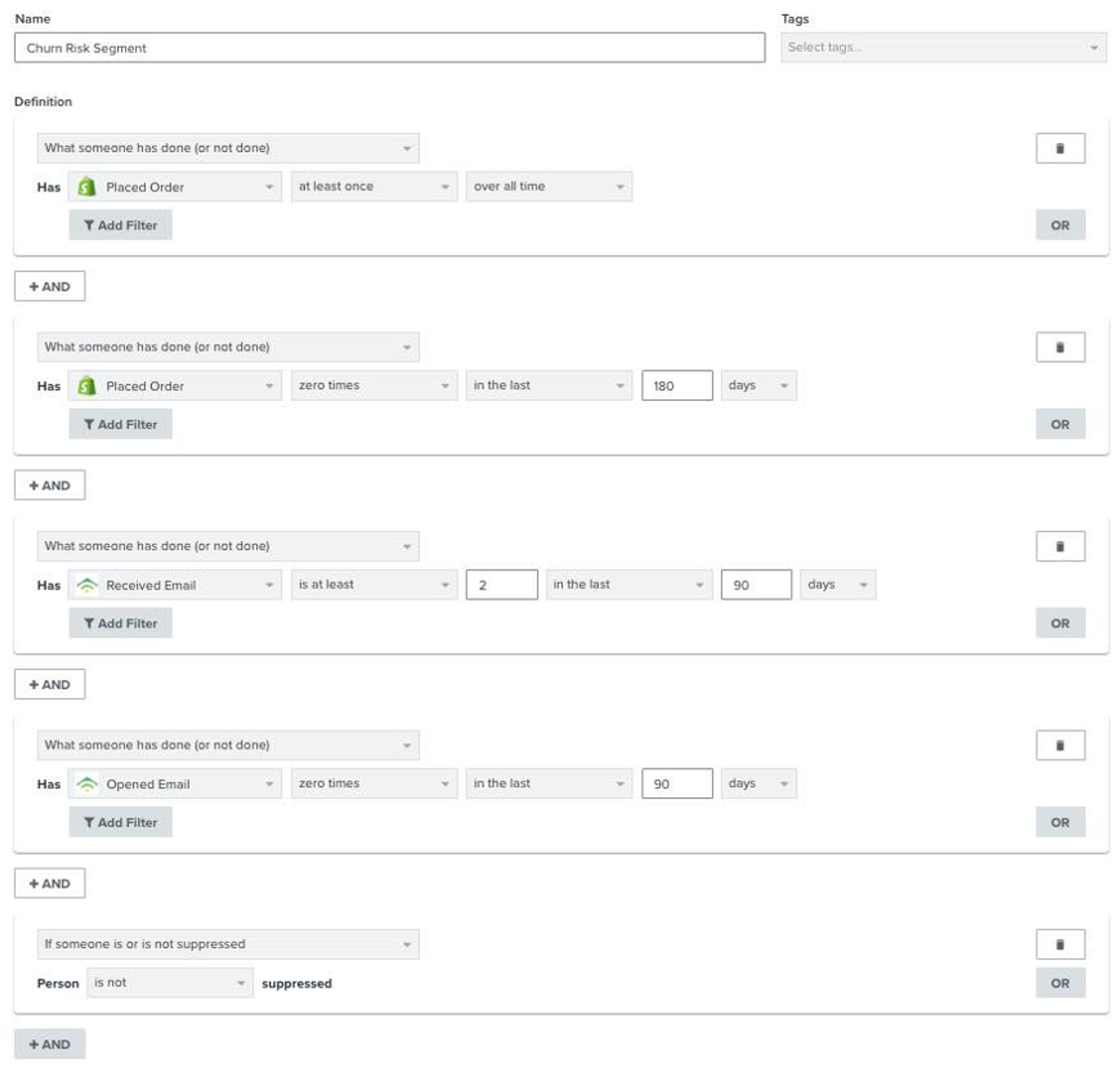 Klaviyo lists for at-risk customers