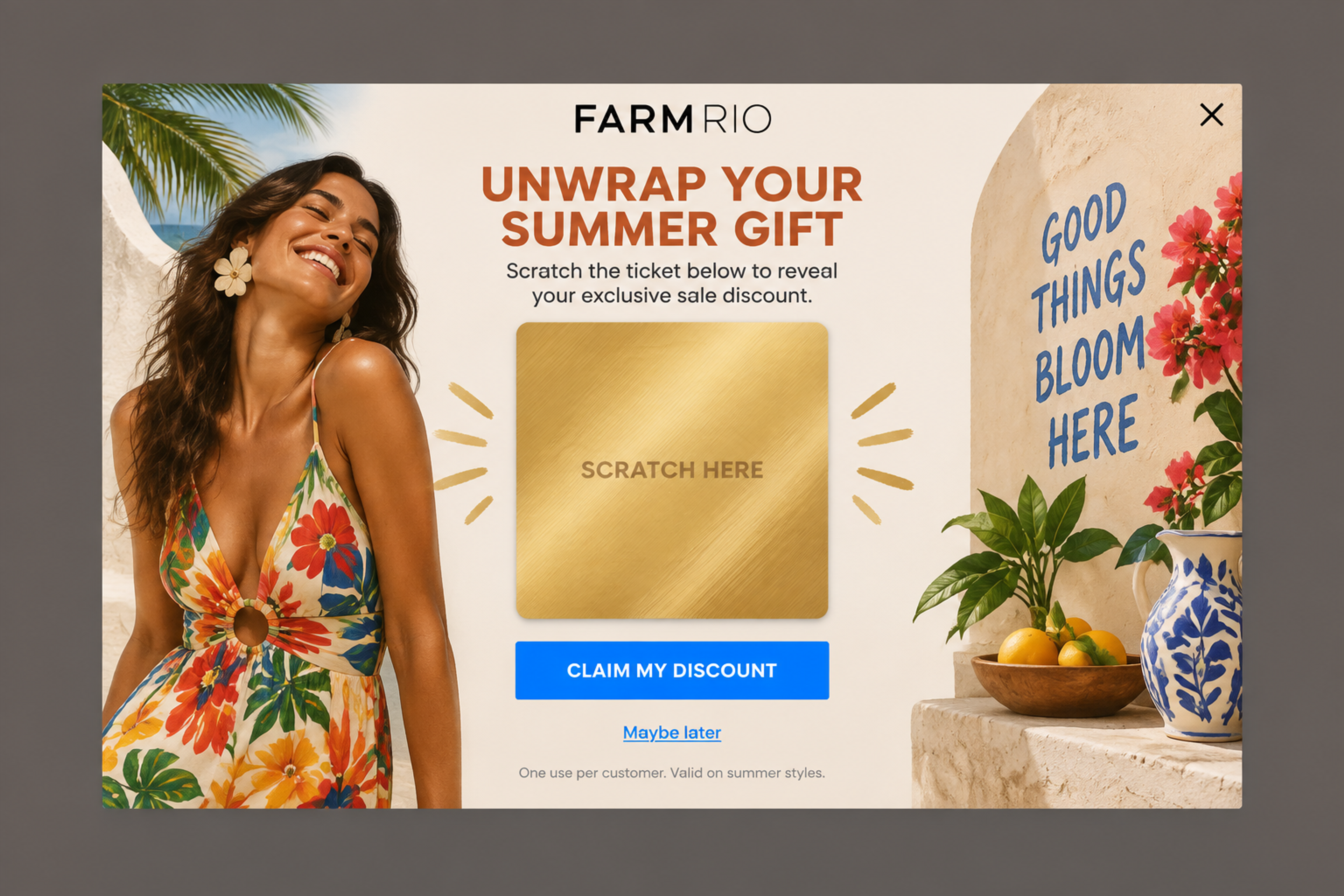 Summer sale scratch card popup with the headline "Unwrap your summer gift" and a gold foil ticket