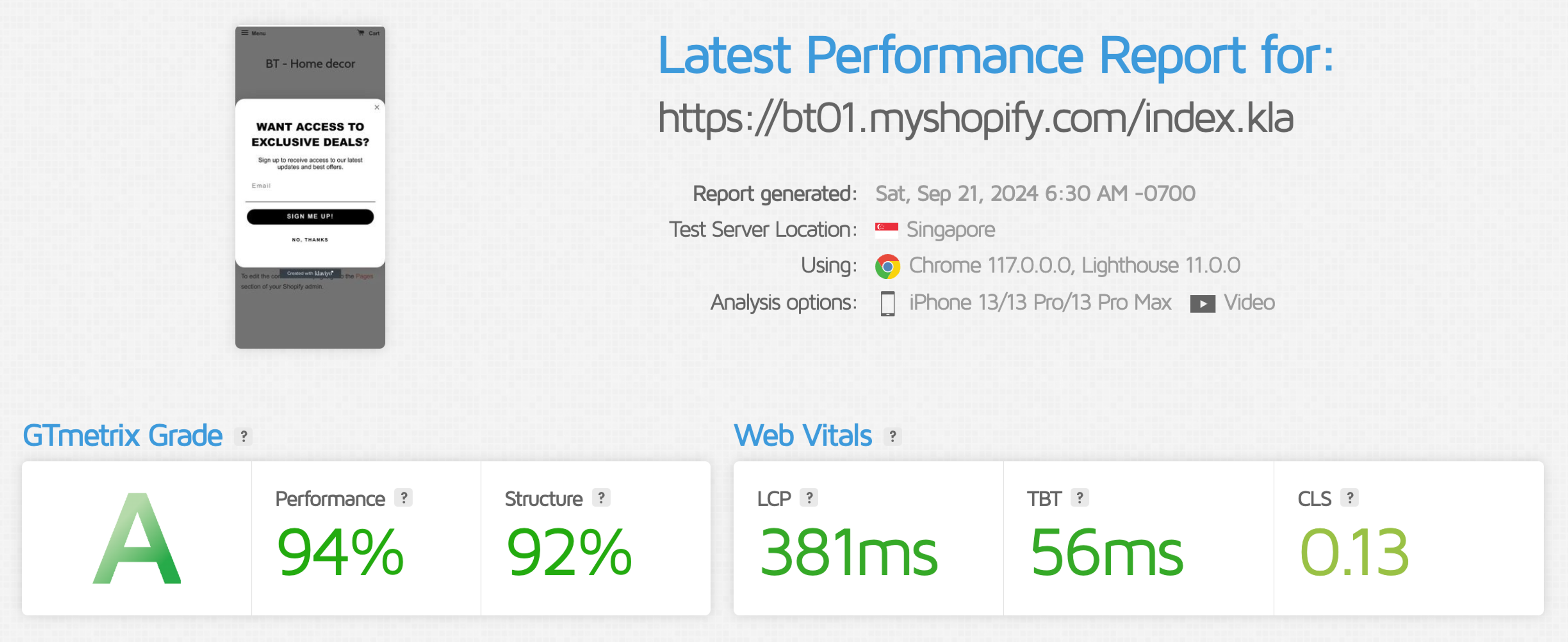 Klaviyo GTMetrix page speed results
