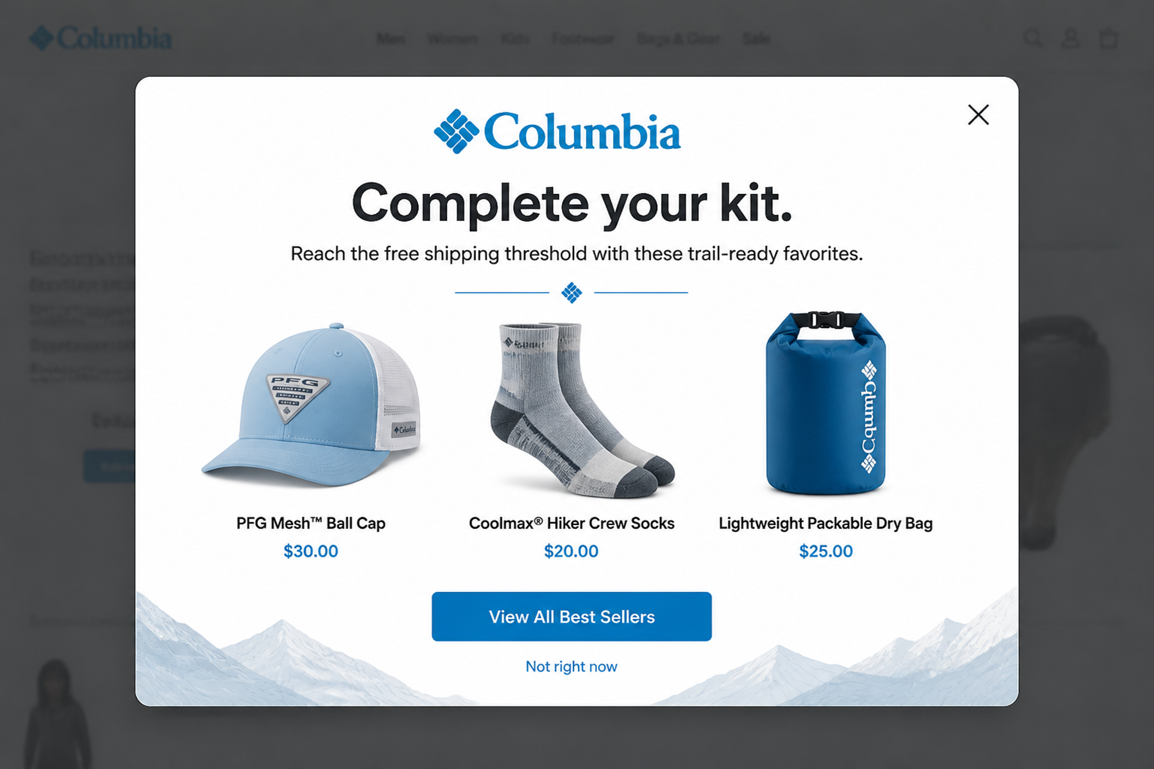 Free shipping popup recommending a cap, hiking socks and a dry bag with the headline Complete your kit