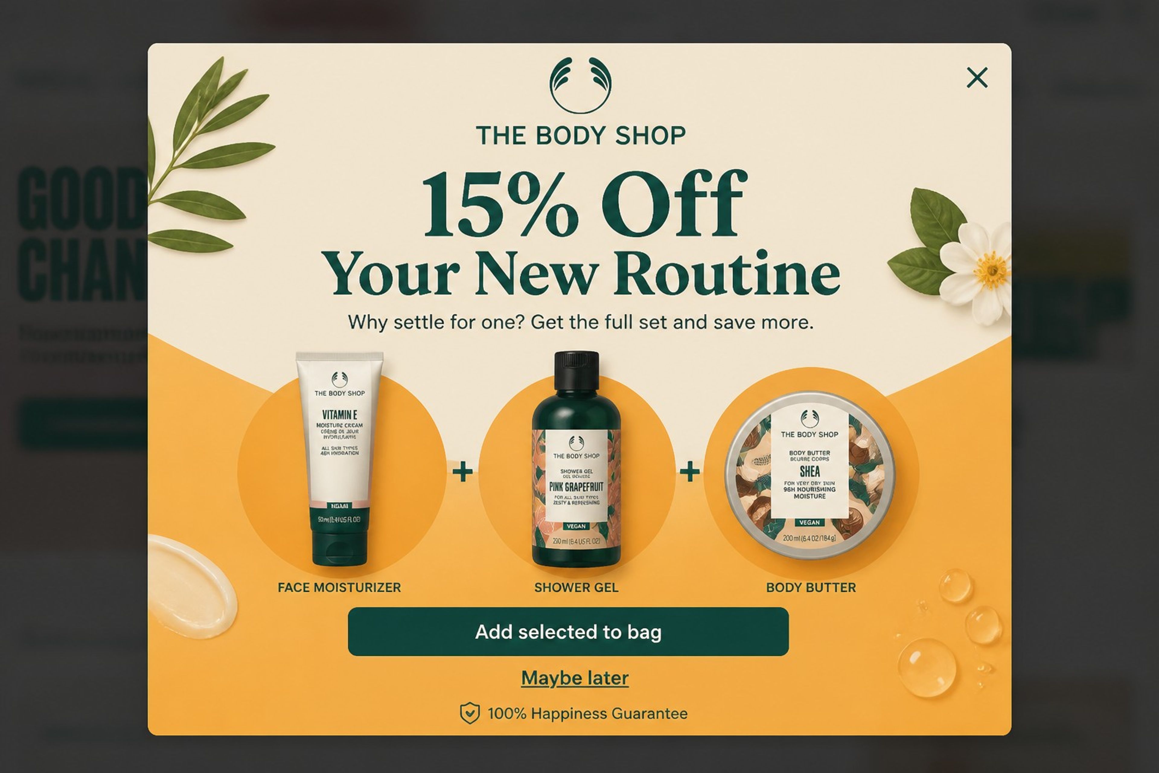 The Body Shop popup showing three products in a row with 15% off the full routine