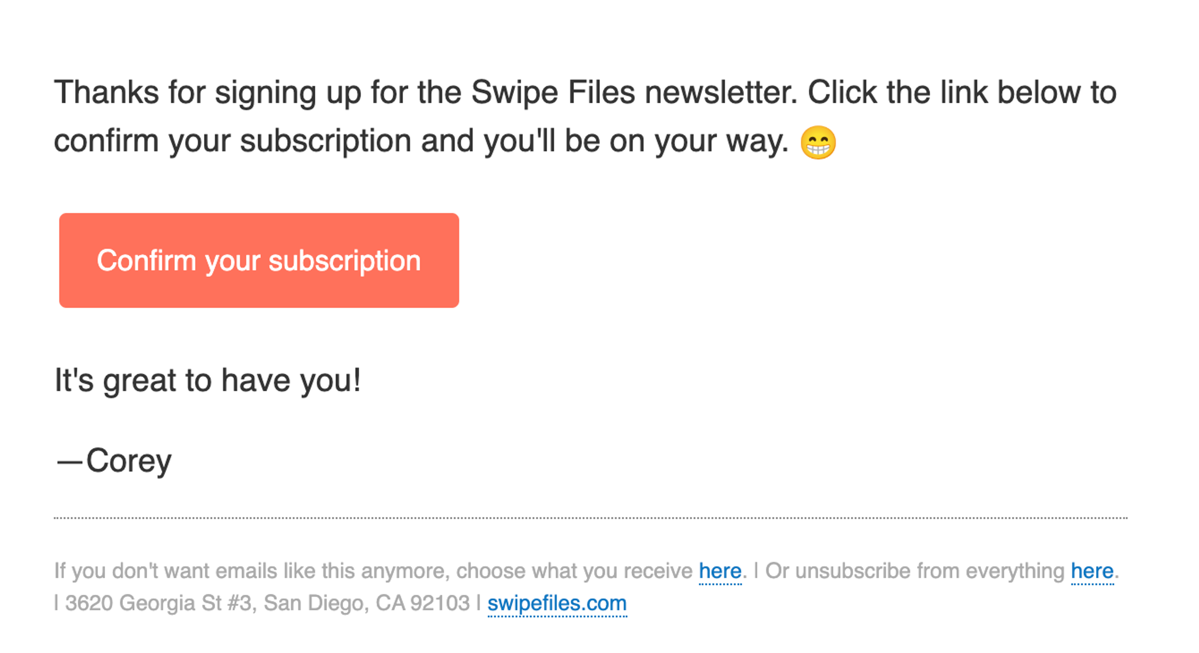 Swipe Files double opt-in email