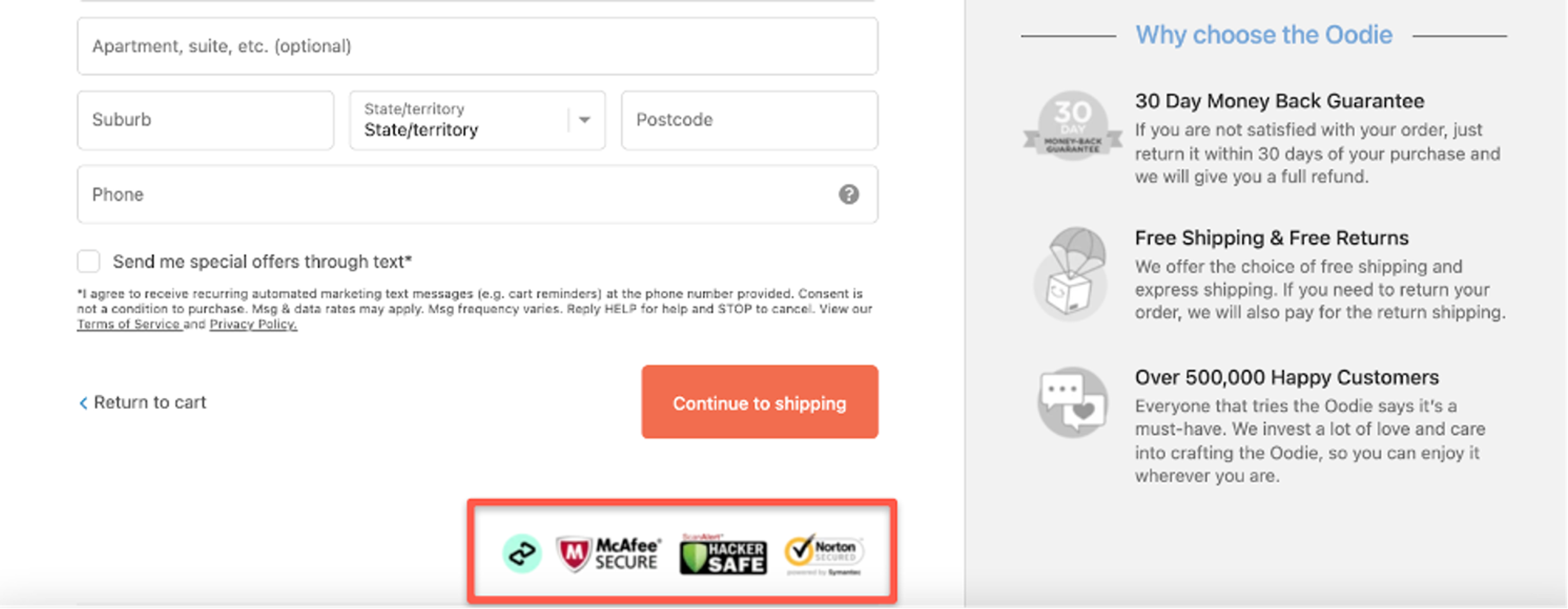 The Oodie checkout design with badges