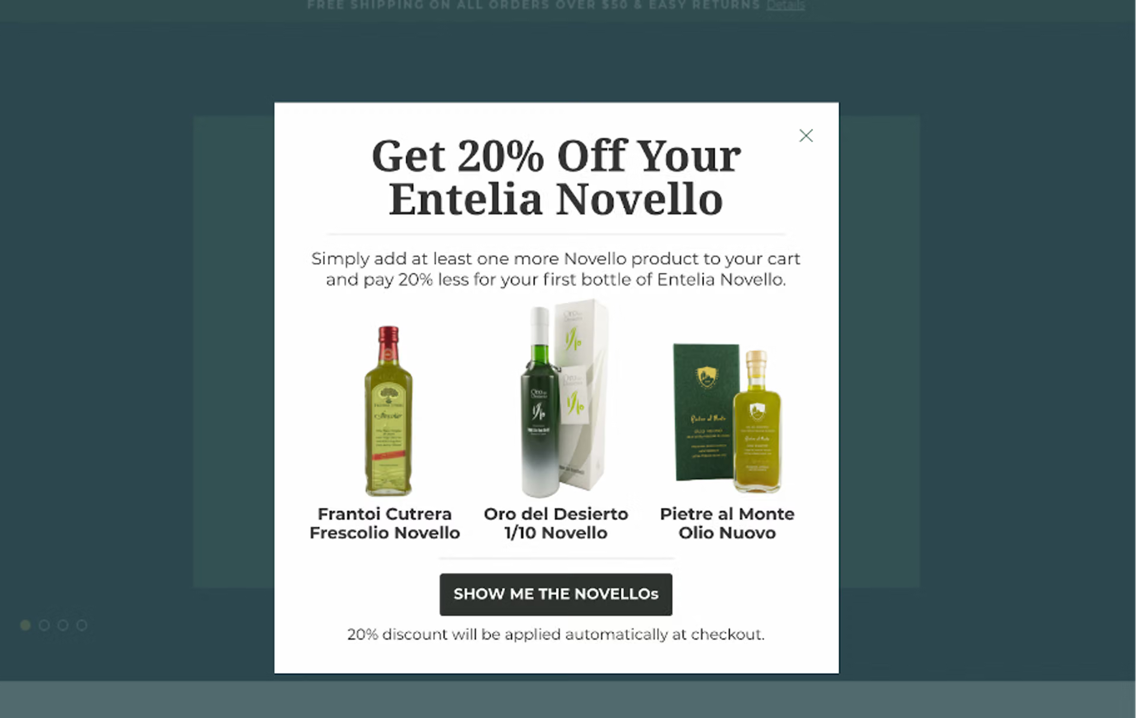 Olive Oil Lovers upsell popup offering 20% off Entelia Novello when another Novello is in the cart