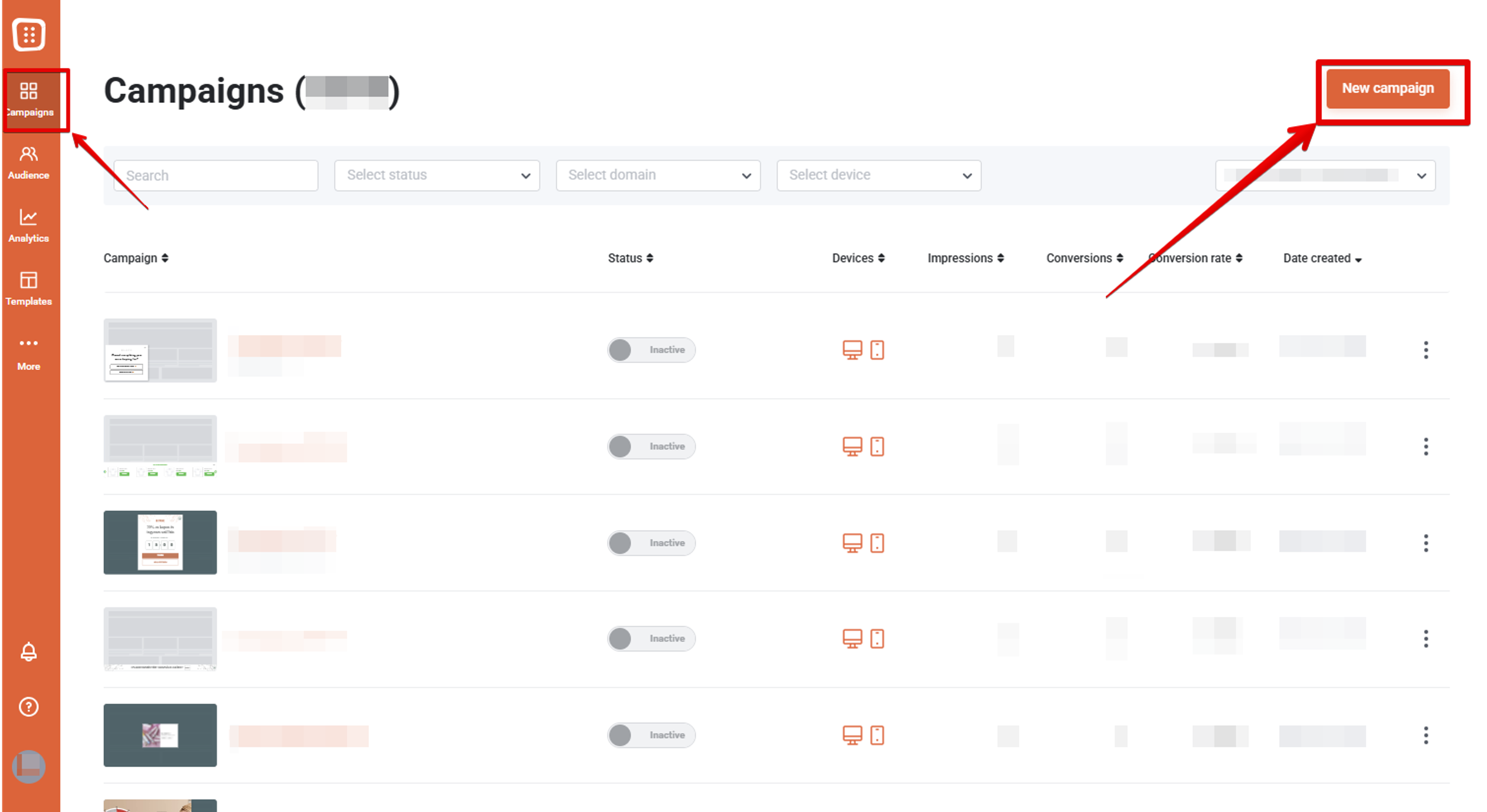 Select new campaign in OptiMonk admin