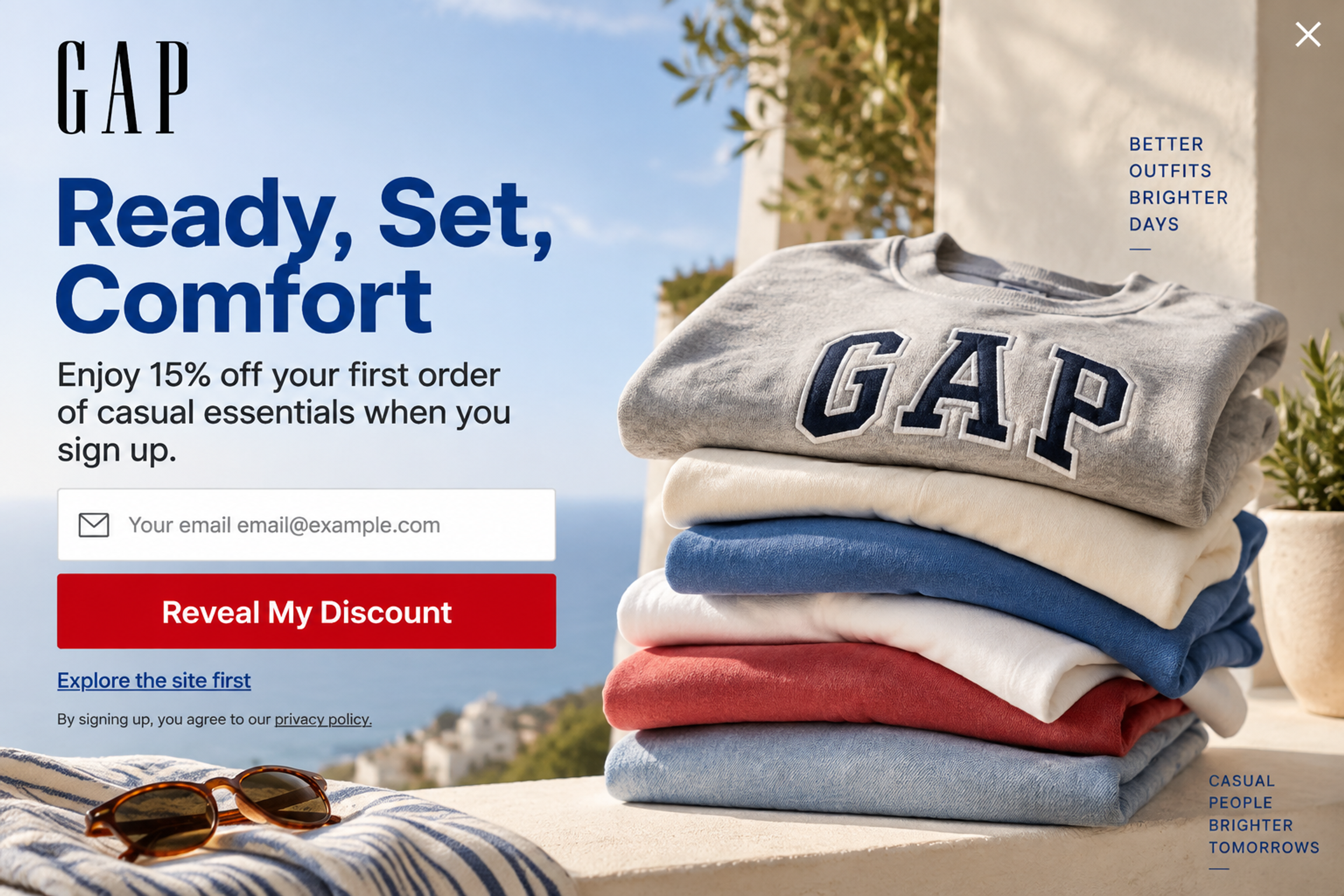 Fullscreen welcome popup with 15% off the first order for signing up, casual clothing photo