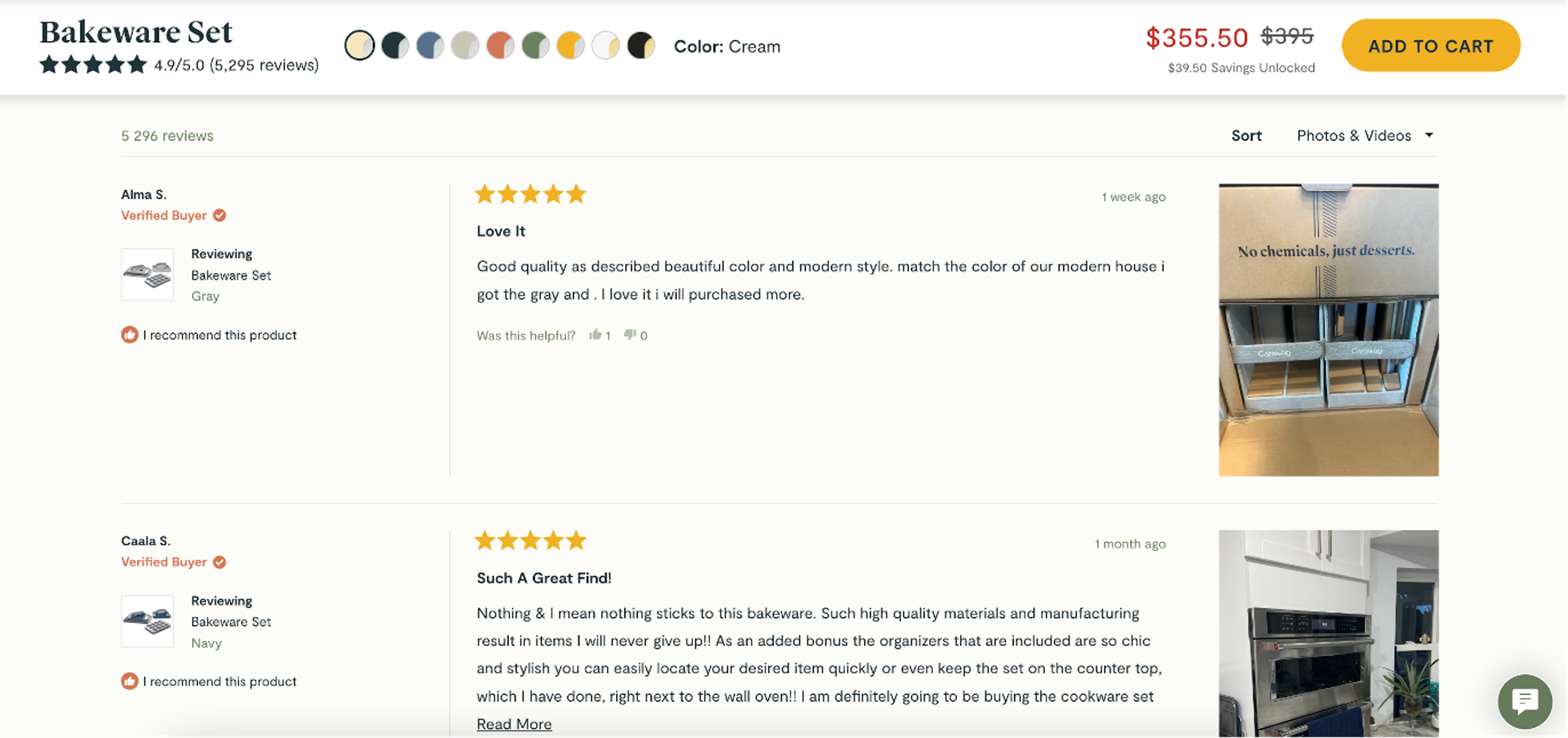 Caraway online reviews on product page example
