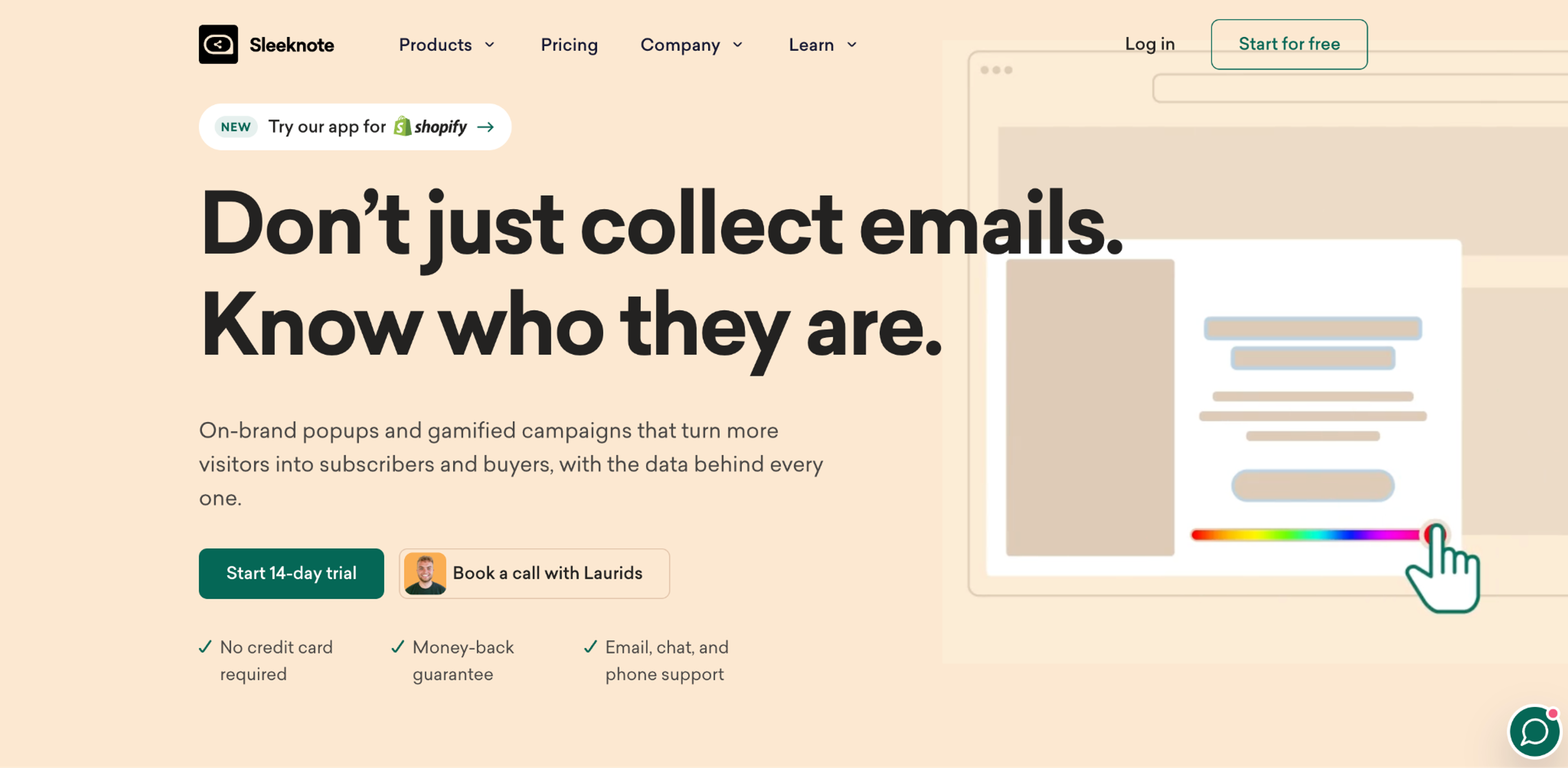 Sleeknote homepage offering on-brand popups and gamified campaigns with a 14-day trial